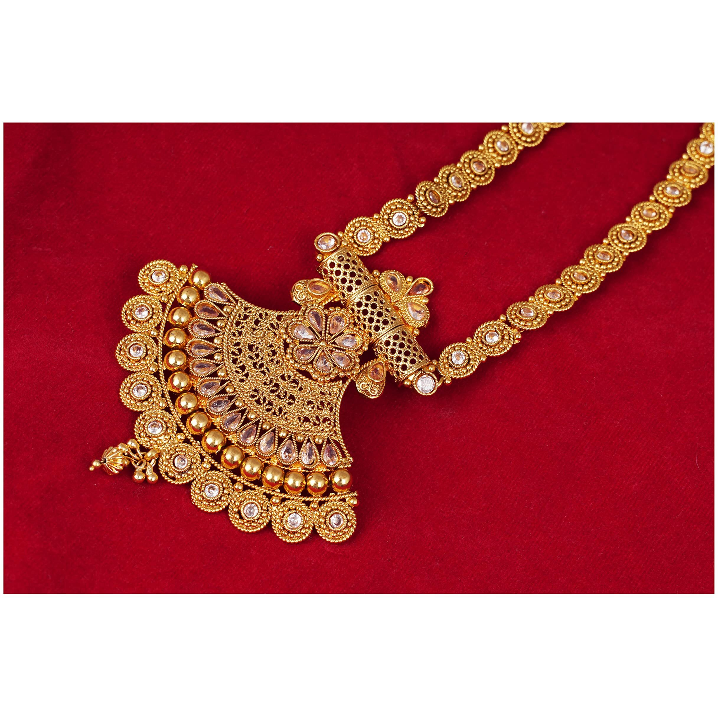 JFL - Jewellery for Less Latest Cz Design Long Haram Bridal Necklace Set for Women and Girls (Gold),