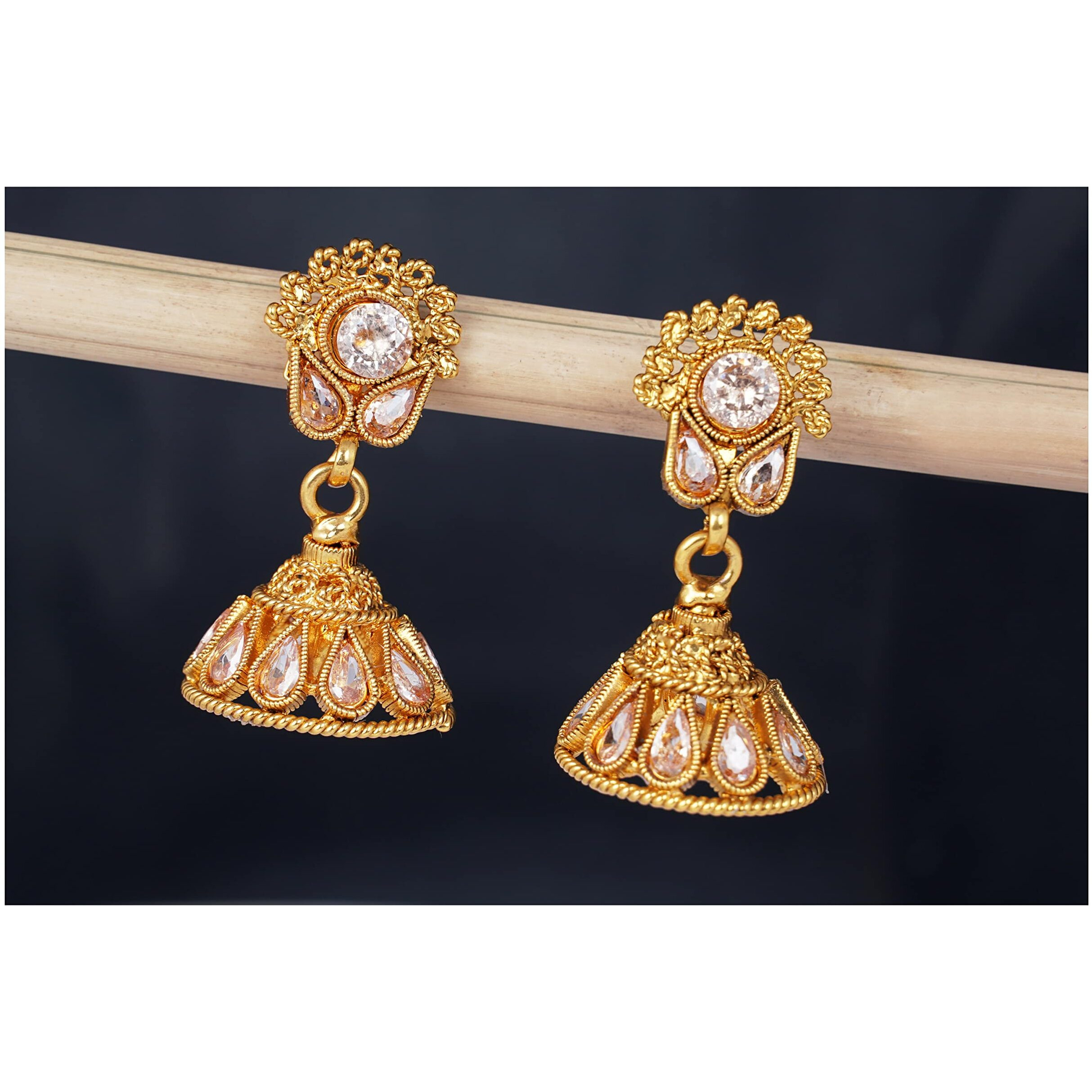 JFL - Jewellery for Less Latest Cz Design Long Haram Bridal Necklace Set for Women and Girls (Gold),