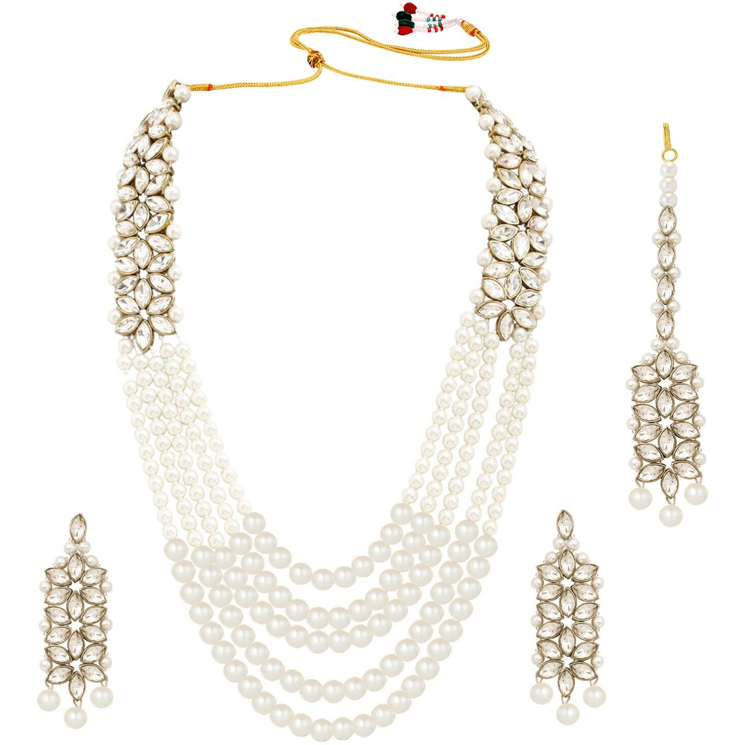 Peora Pearl Kundan Bridal Long Necklace with Earring Maang Tikka Traditional Jewellery Set for Women