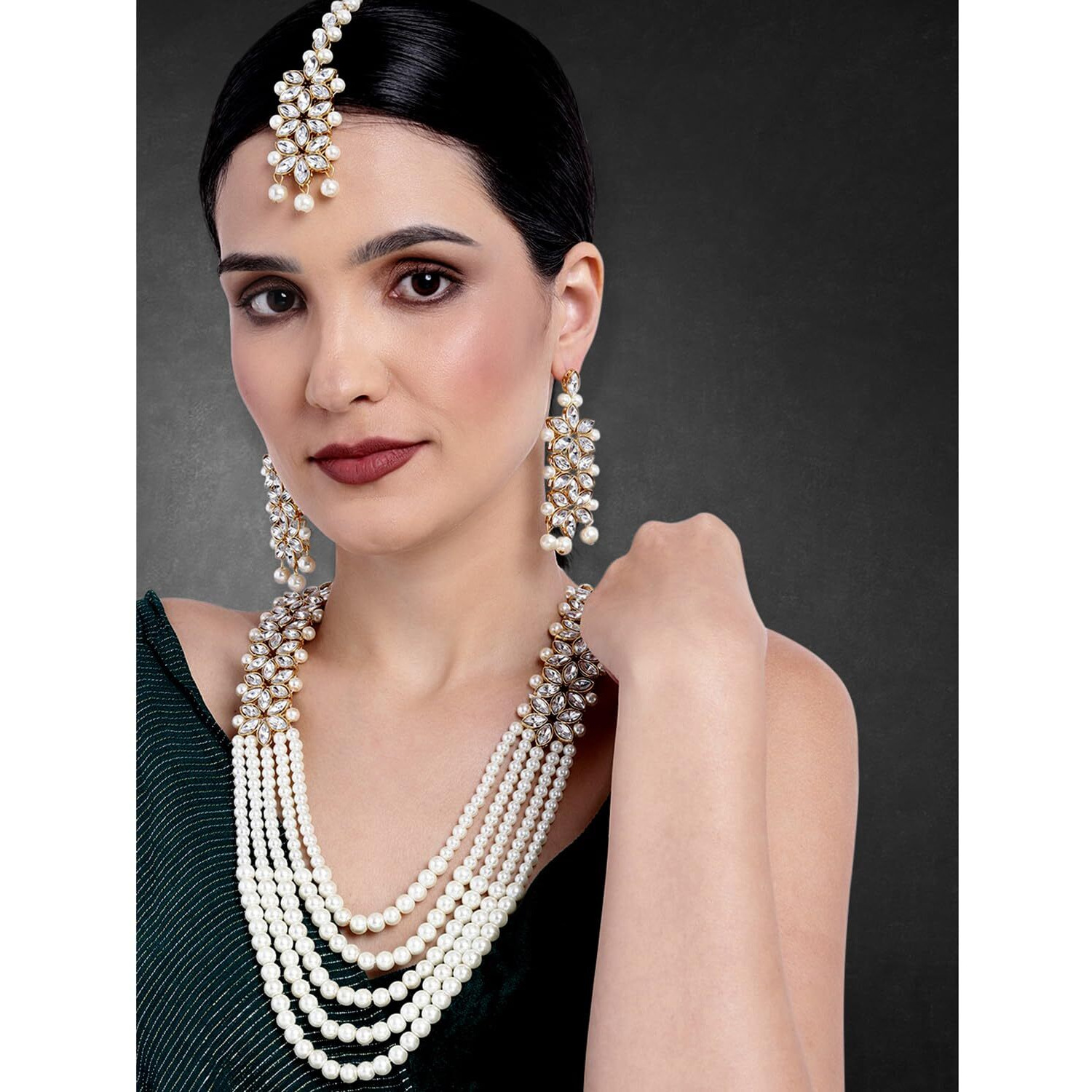 Peora Pearl Kundan Bridal Long Necklace with Earring Maang Tikka Traditional Jewellery Set for Women