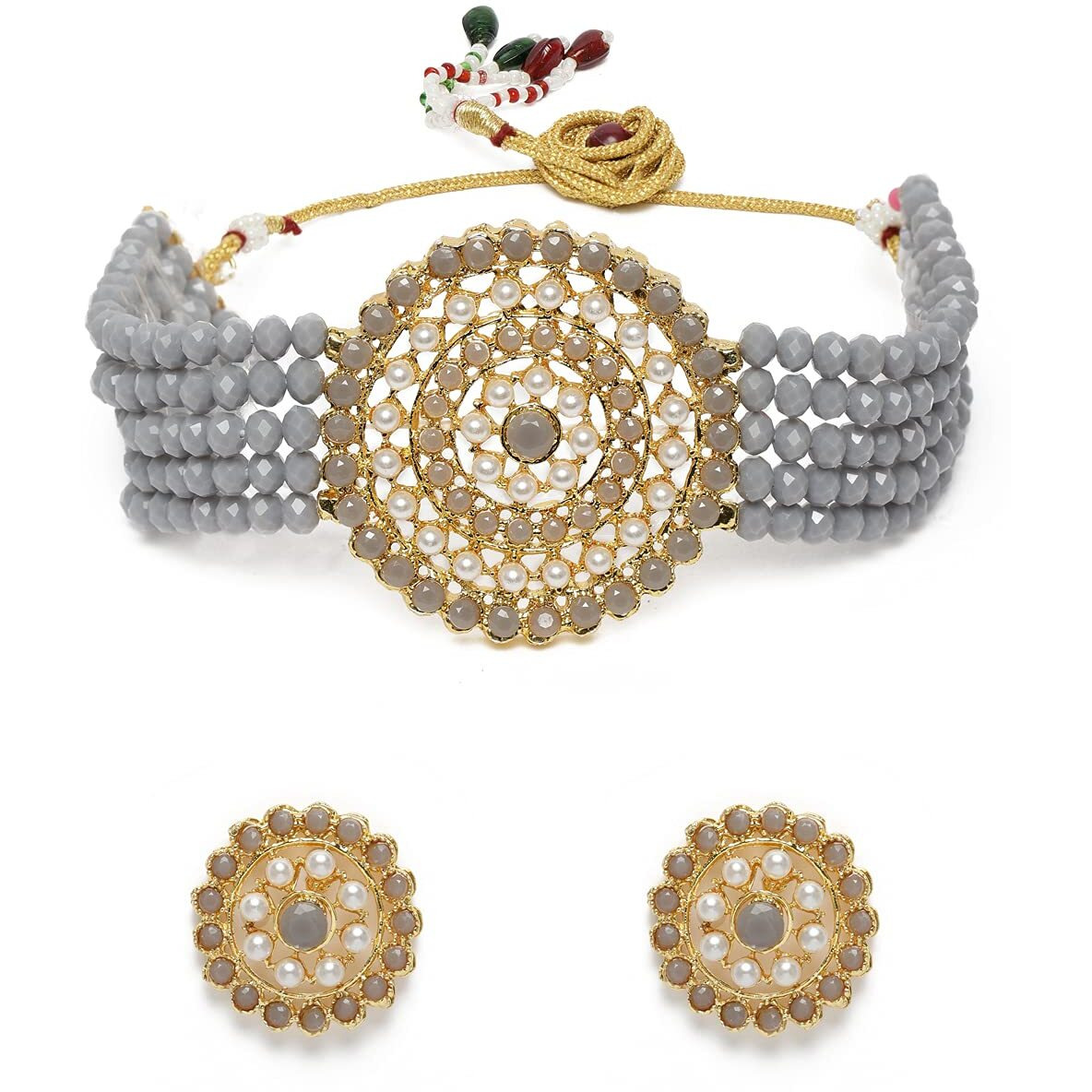I Jewels 18K Gold Plated Traditional Light Weight Crystal Stone Beaded Choker Necklace Jewellery Set Glided with Moti Work (ML239Gr)