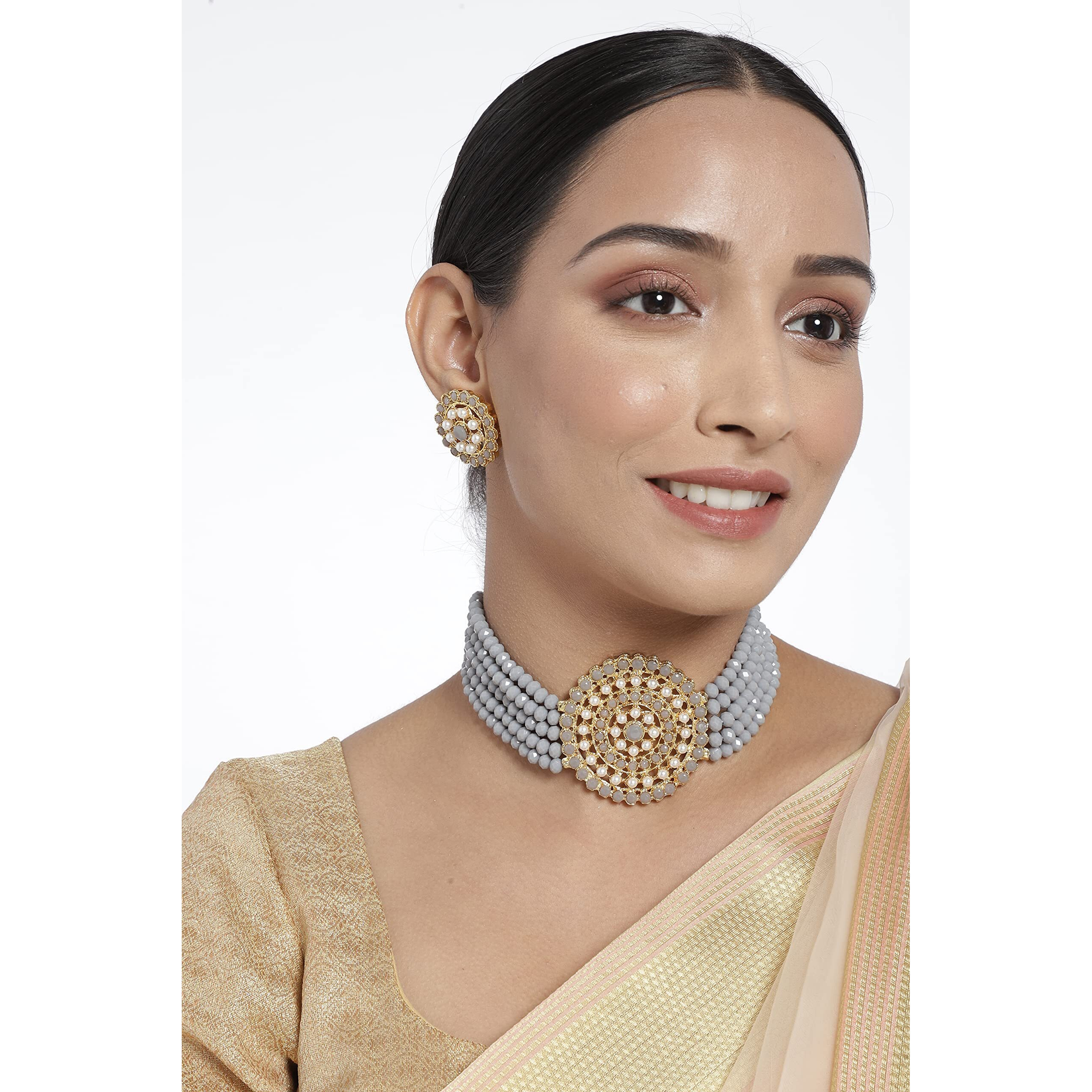 I Jewels 18K Gold Plated Traditional Light Weight Crystal Stone Beaded Choker Necklace Jewellery Set Glided with Moti Work (ML239Gr)