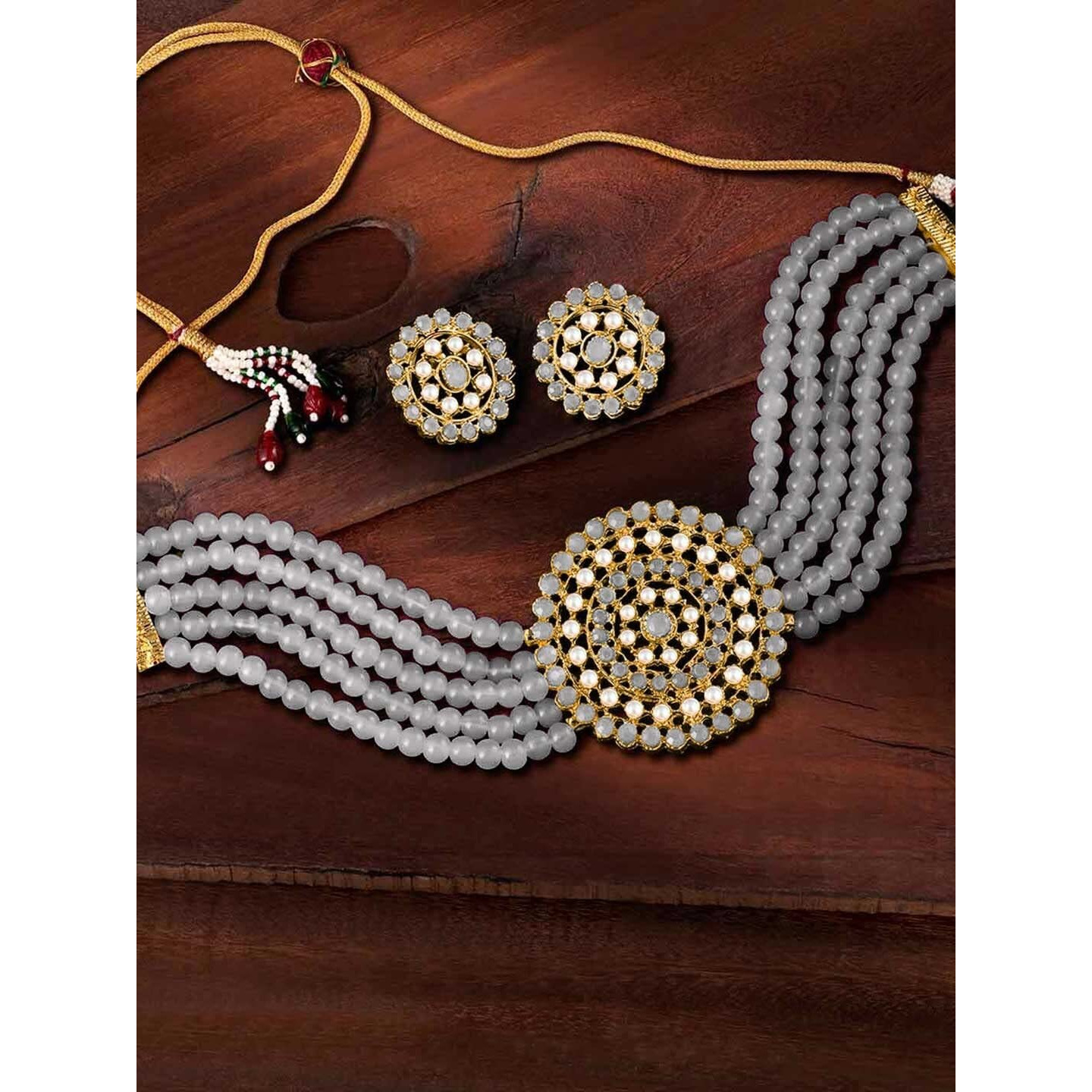 I Jewels 18K Gold Plated Traditional Light Weight Crystal Stone Beaded Choker Necklace Jewellery Set Glided with Moti Work (ML239Gr)