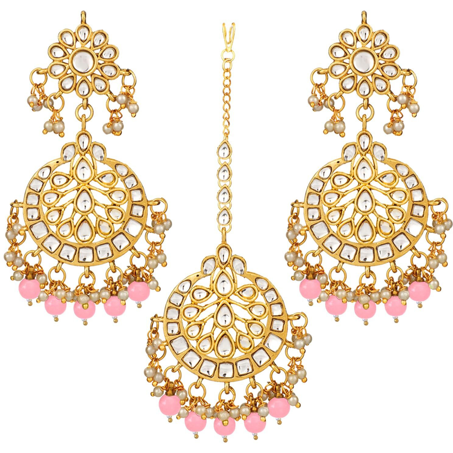 Peora Traditional Jewellery 18K Gold Plated Kundan & Pearl Maang Tikka Earring Set for Women Girls (Pink-2)