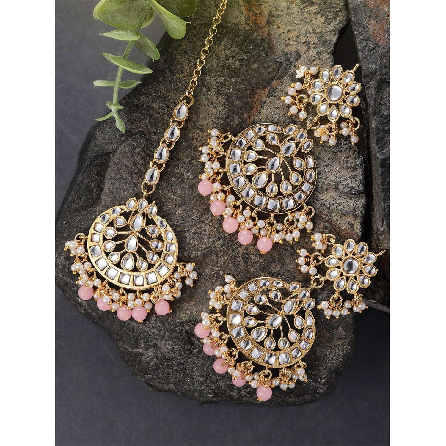 Peora Traditional Jewellery 18K Gold Plated Kundan & Pearl Maang Tikka Earring Set for Women Girls (Pink-2)