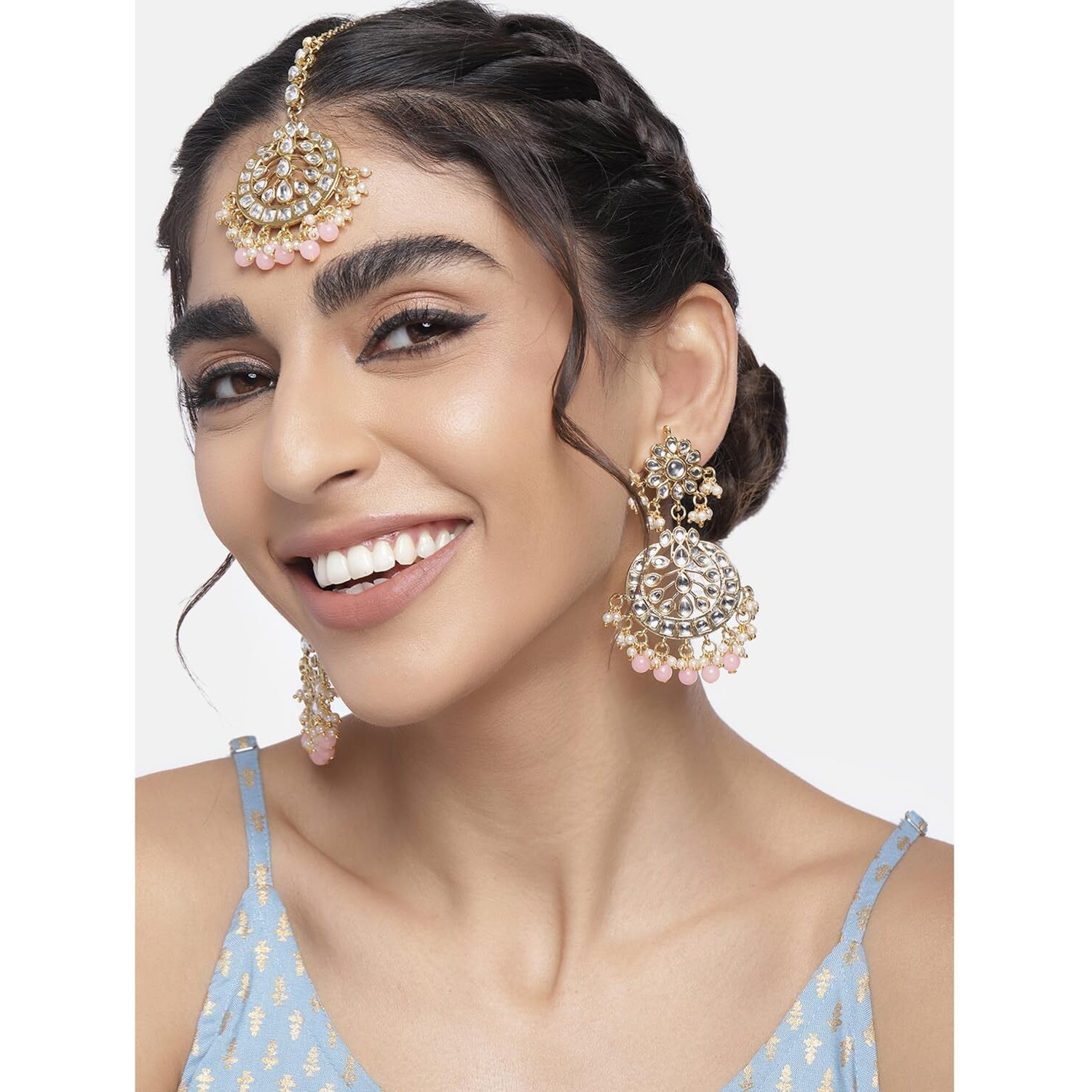 Peora Traditional Jewellery 18K Gold Plated Kundan & Pearl Maang Tikka Earring Set for Women Girls (Pink-2)