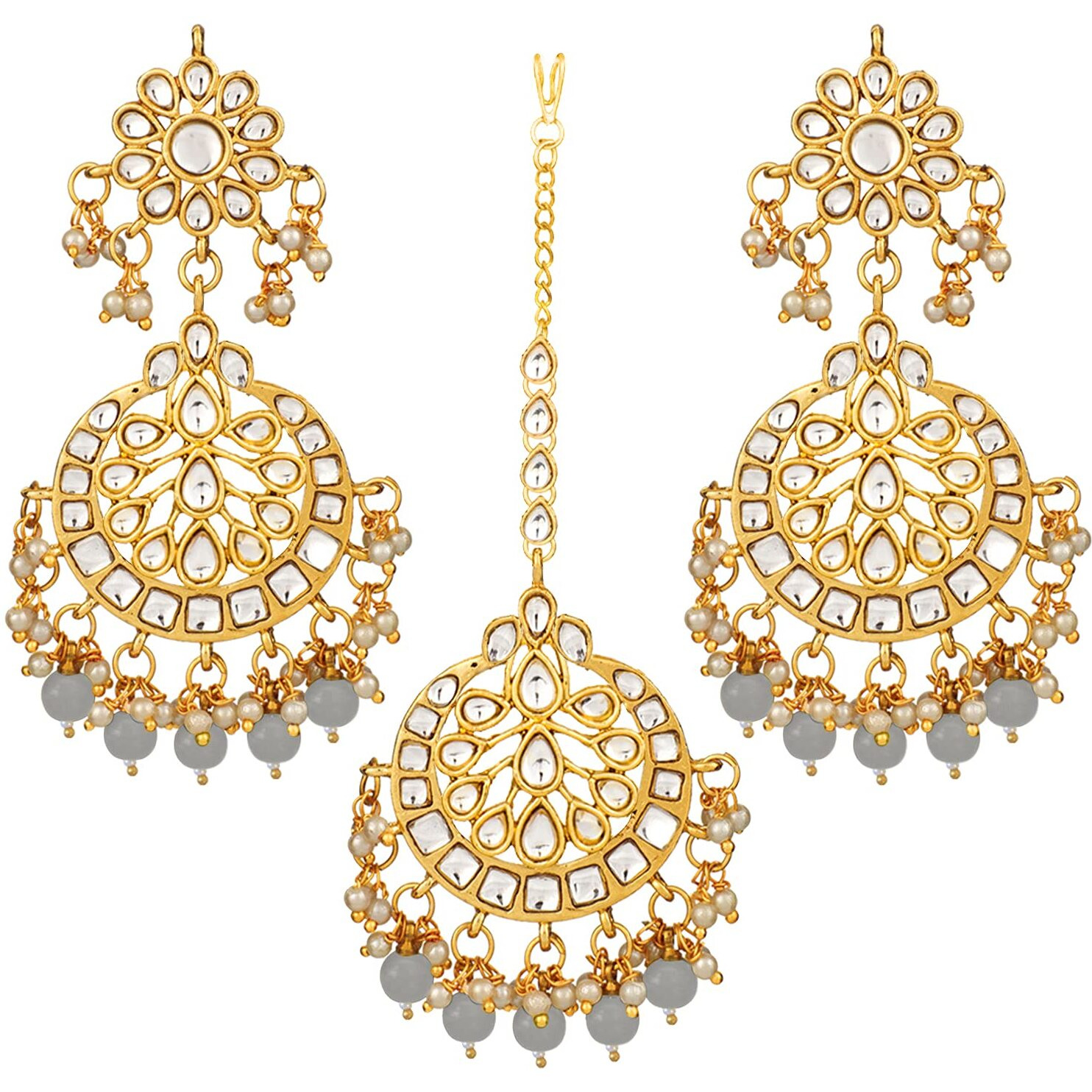 Peora Traditional Jewellery 18K Gold Plated Kundan & Pearl Maang Tikka Earring Set for Women Girls (Grey-2)