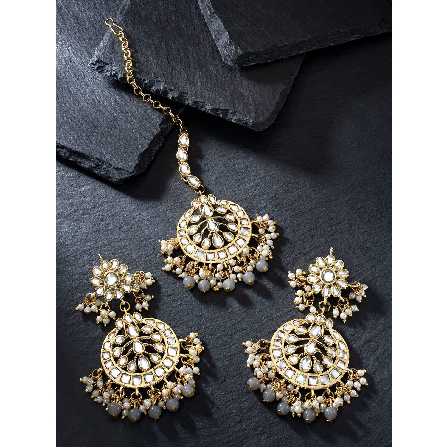 Peora Traditional Jewellery 18K Gold Plated Kundan & Pearl Maang Tikka Earring Set for Women Girls (Grey-2)