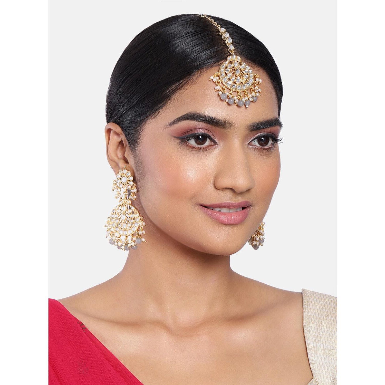 Peora Traditional Jewellery 18K Gold Plated Kundan & Pearl Maang Tikka Earring Set for Women Girls (Grey-2)