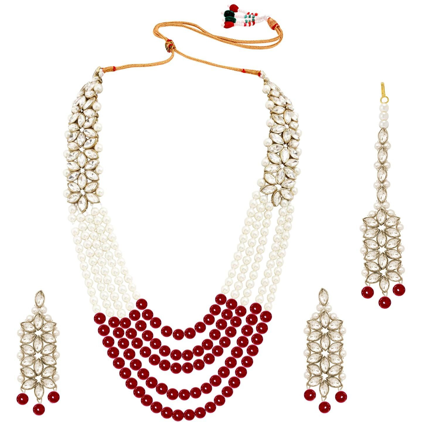 Peora Pearl Kundan Bridal Long Necklace with Earring Maang Tikka Traditional Jewellery Set for Women