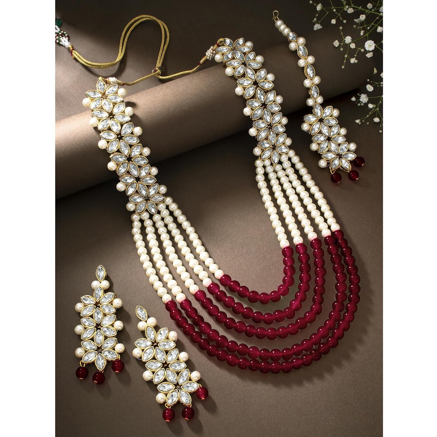 Peora Pearl Kundan Bridal Long Necklace with Earring Maang Tikka Traditional Jewellery Set for Women