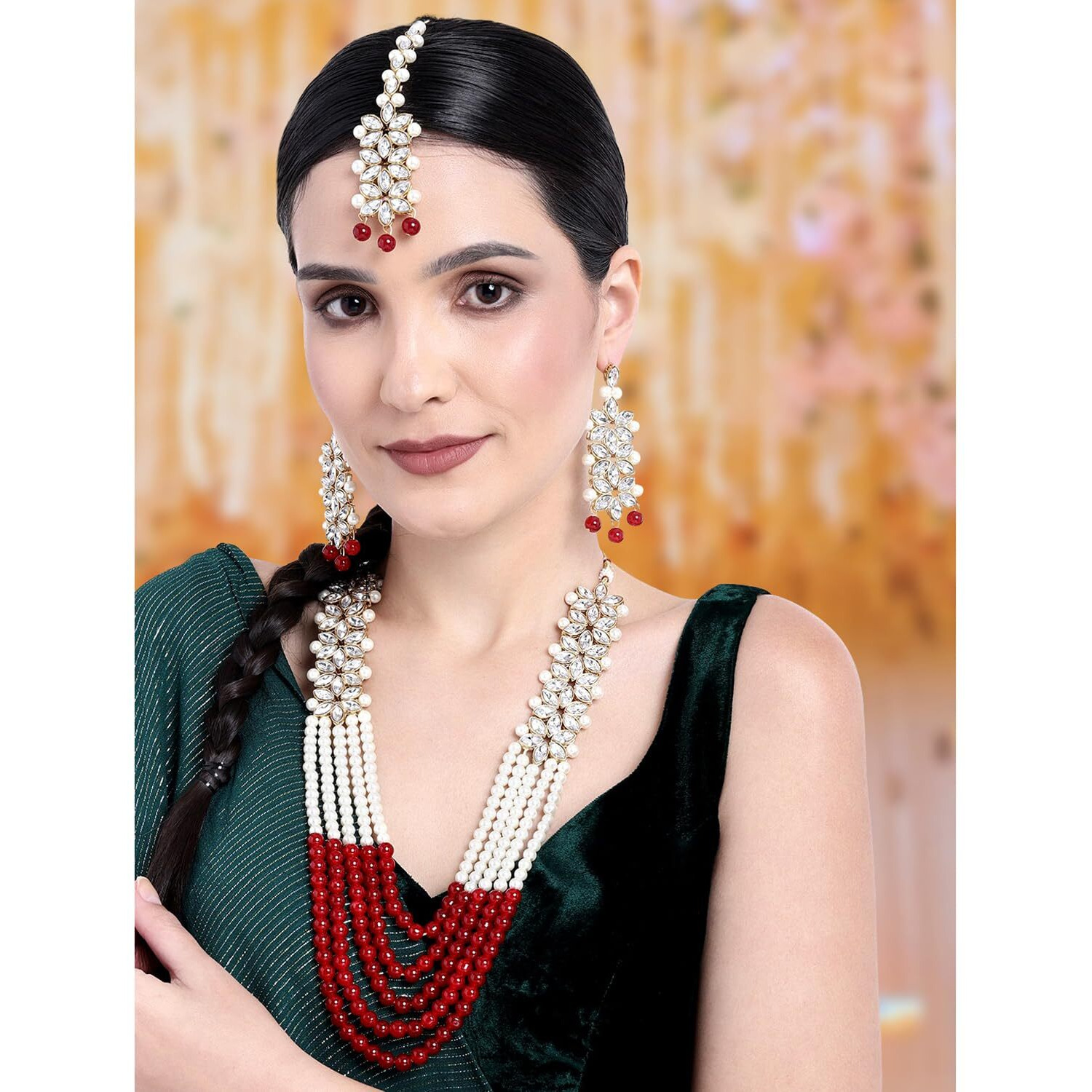 Peora Pearl Kundan Bridal Long Necklace with Earring Maang Tikka Traditional Jewellery Set for Women
