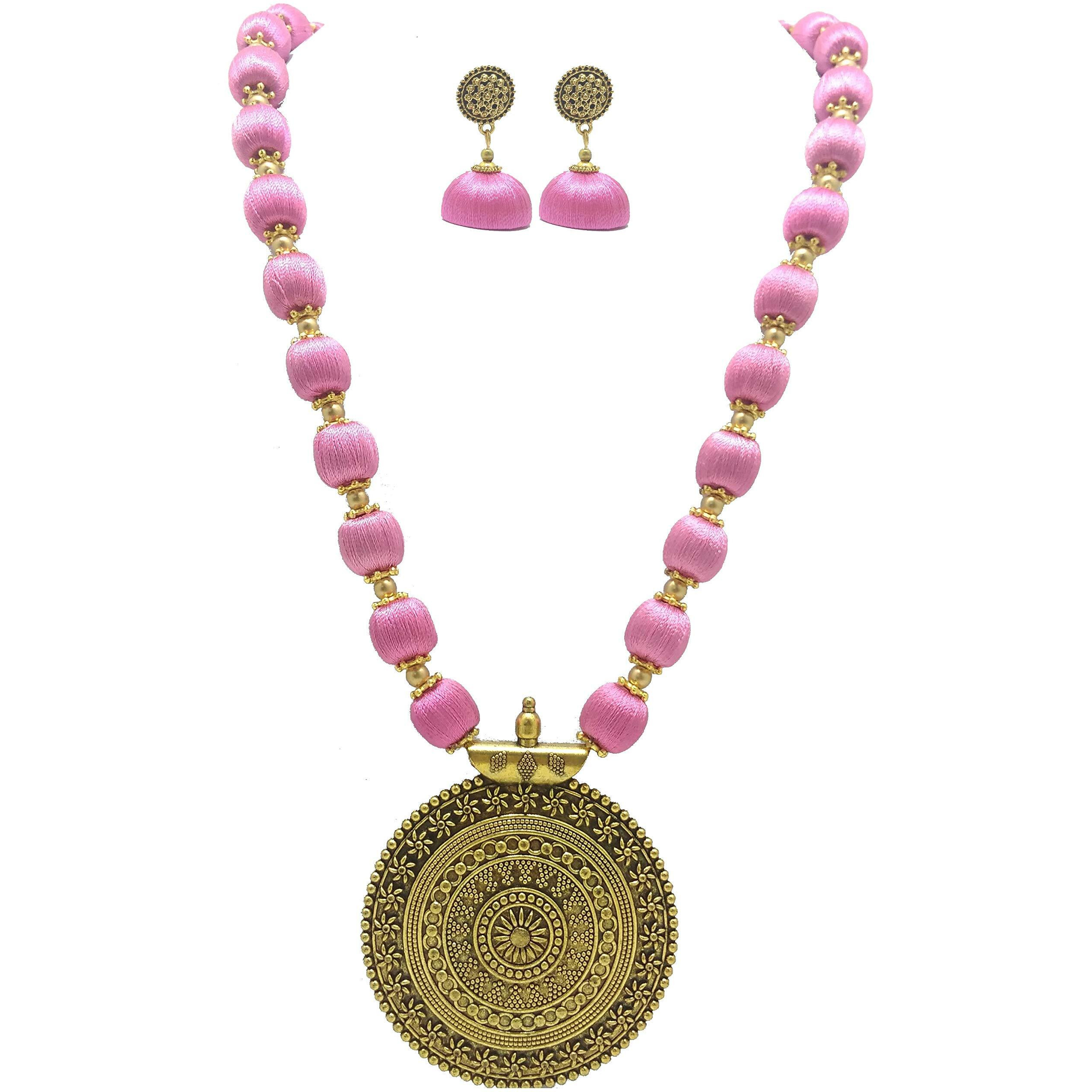 MDS FASHIONS Silk Thread Beads with Antique Chakra Necklace and Earrings set for Beautiful Women (MDS-1046) (LightRose)