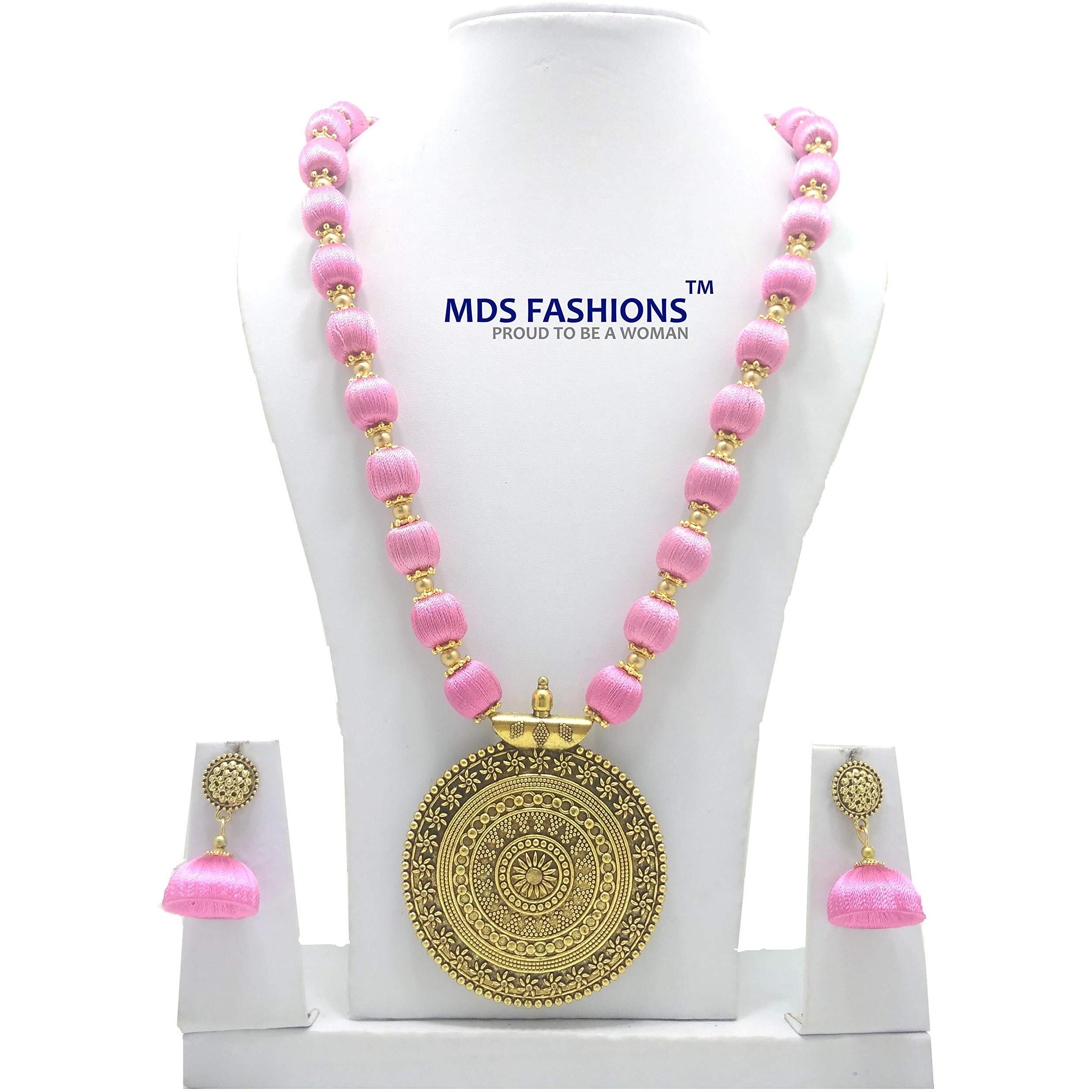 MDS FASHIONS Silk Thread Beads with Antique Chakra Necklace and Earrings set for Beautiful Women (MDS-1046) (LightRose)