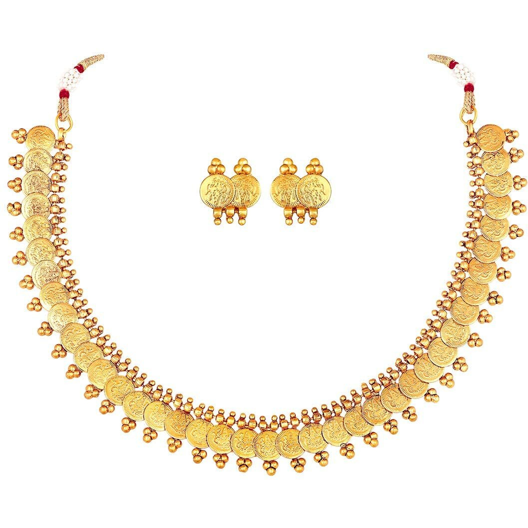 I Jewels 18K Gold Plated Traditional Stylish Coin Necklace With Earrings For Women & Girls (MC061FL)