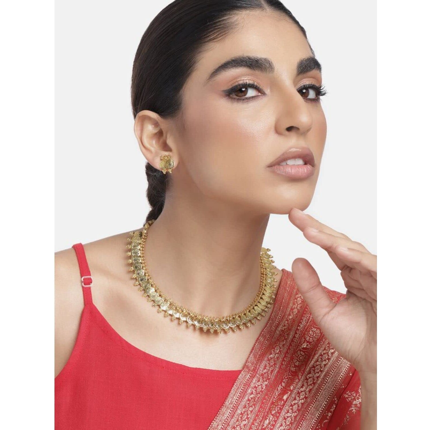 I Jewels 18K Gold Plated Traditional Stylish Coin Necklace With Earrings For Women & Girls (MC061FL)