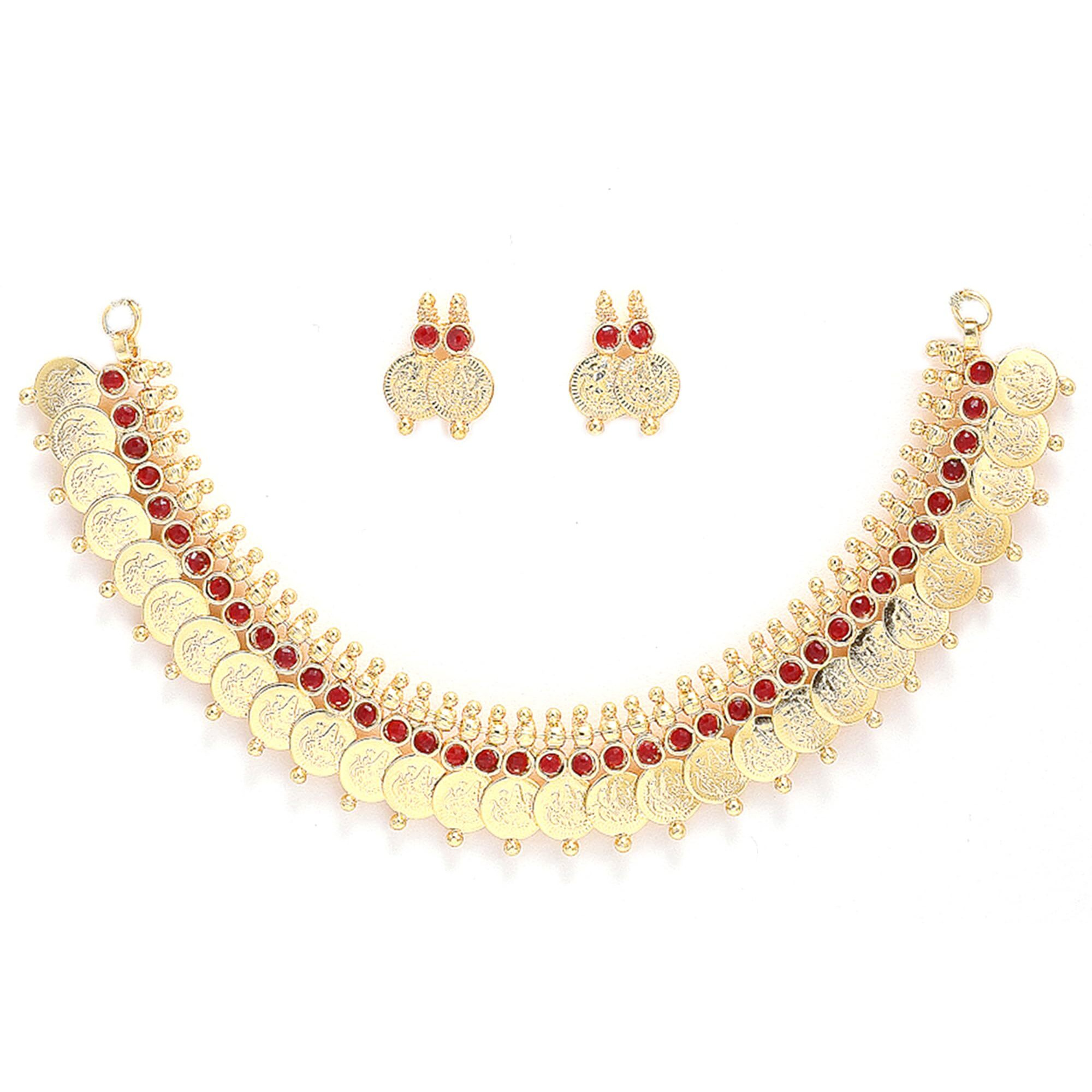 ZENEME Jewellery Set Gold Plated Traditional Red Temple Coin Necklace Set With Earrings Jewellery For Women & Girls