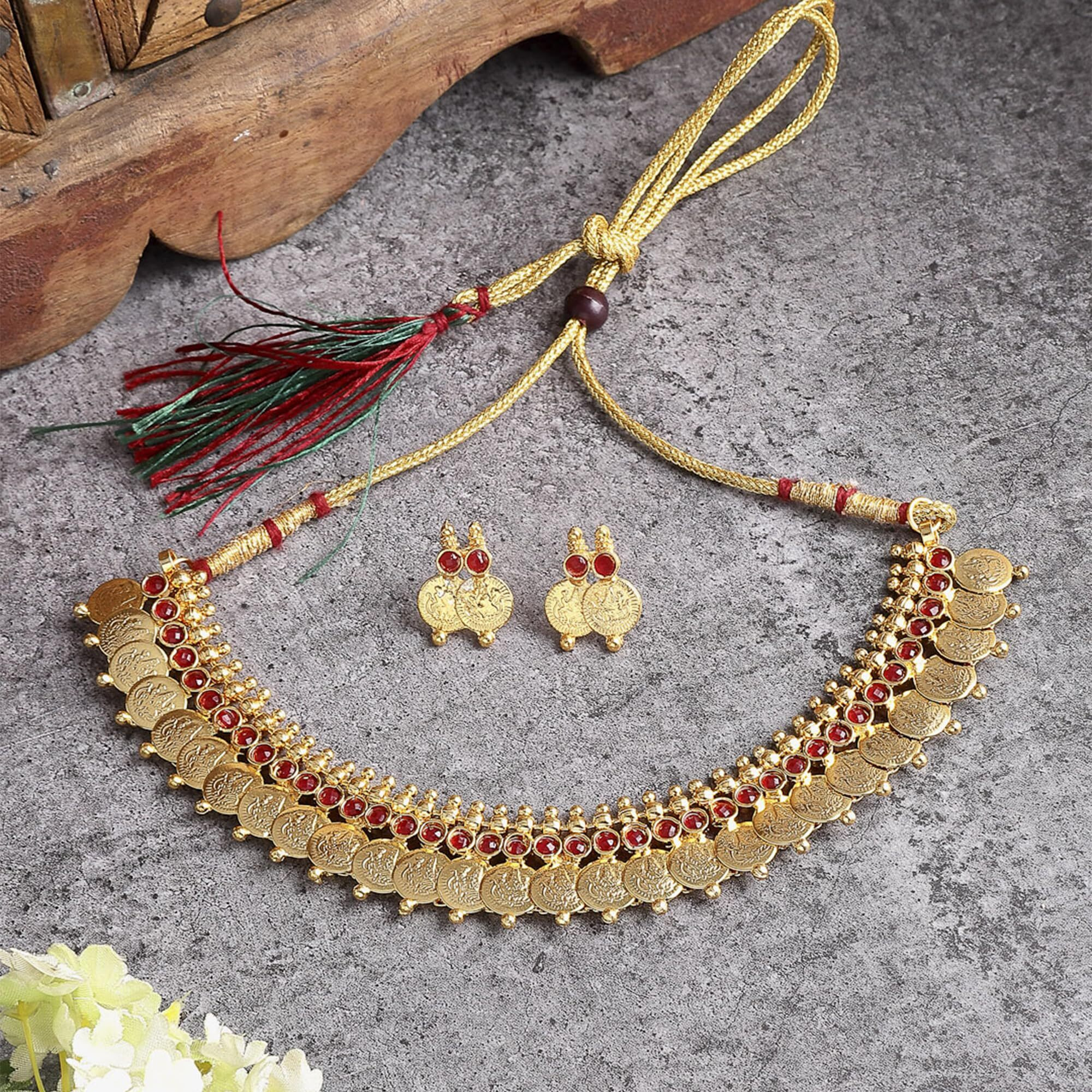 ZENEME Jewellery Set Gold Plated Traditional Red Temple Coin Necklace Set With Earrings Jewellery For Women & Girls