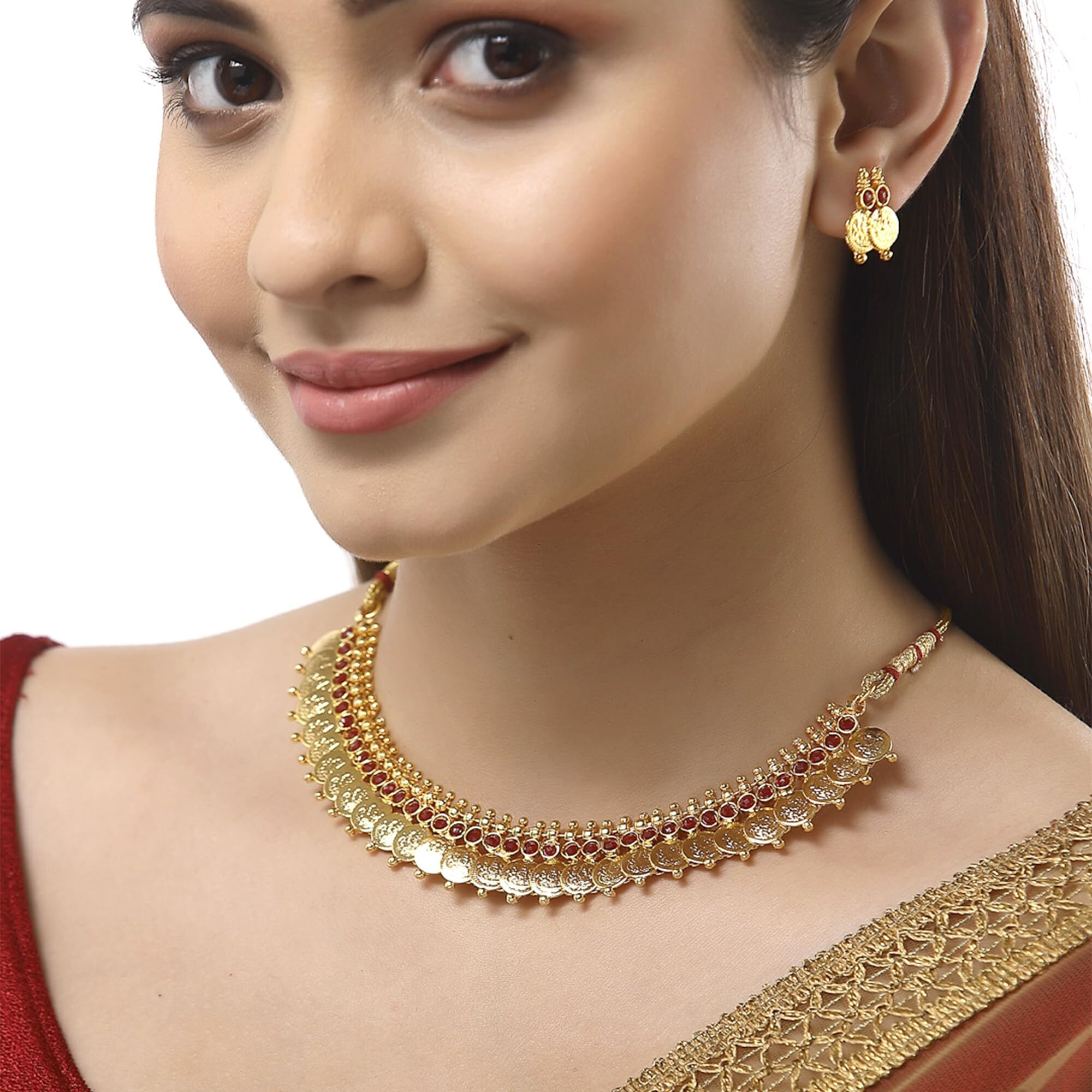 ZENEME Jewellery Set Gold Plated Traditional Red Temple Coin Necklace Set With Earrings Jewellery For Women & Girls