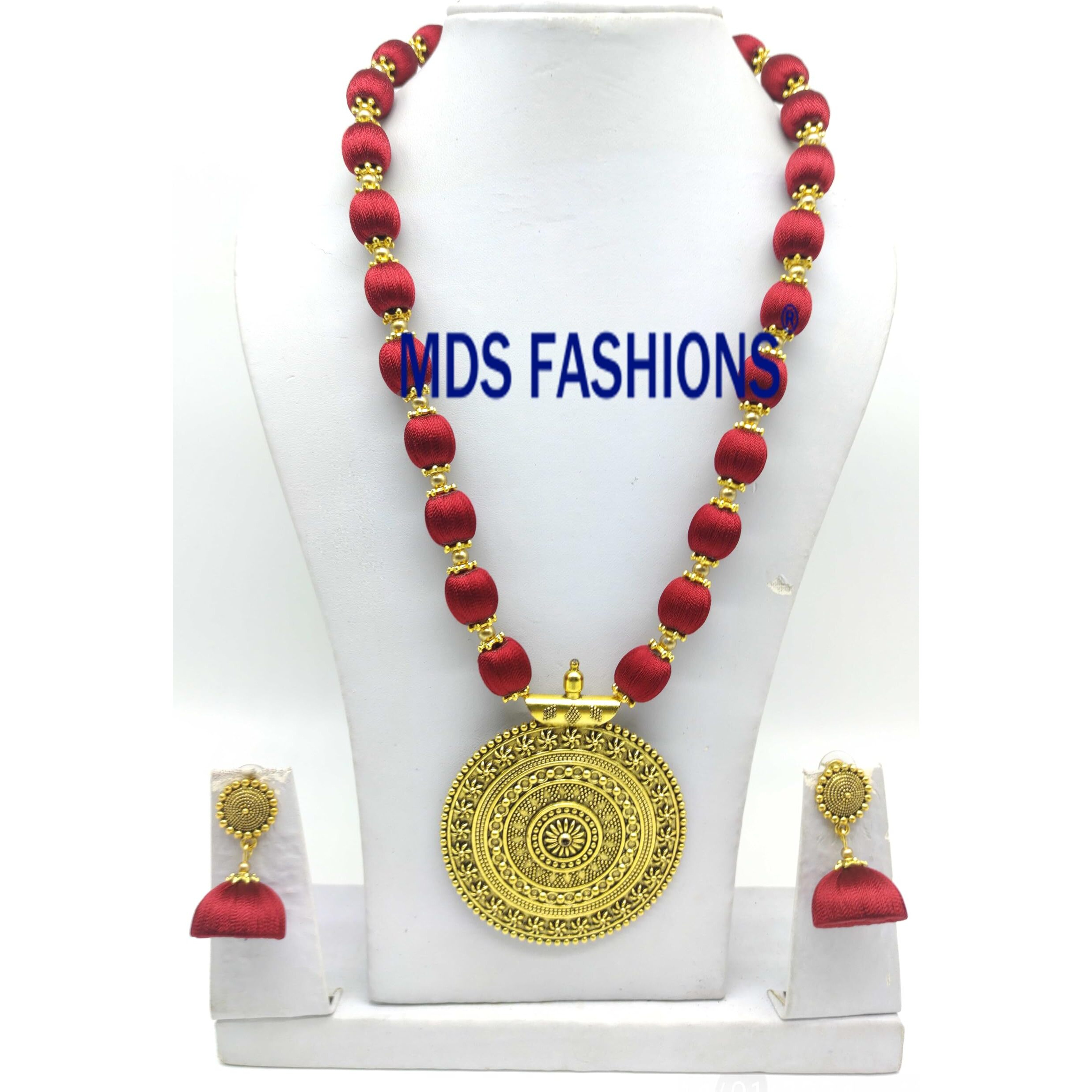 MDS FASHIONS Silk Thread Beads with Antique Chakra Necklace and Earrings set for Beautiful Women (MDS-1046) (Maroon)