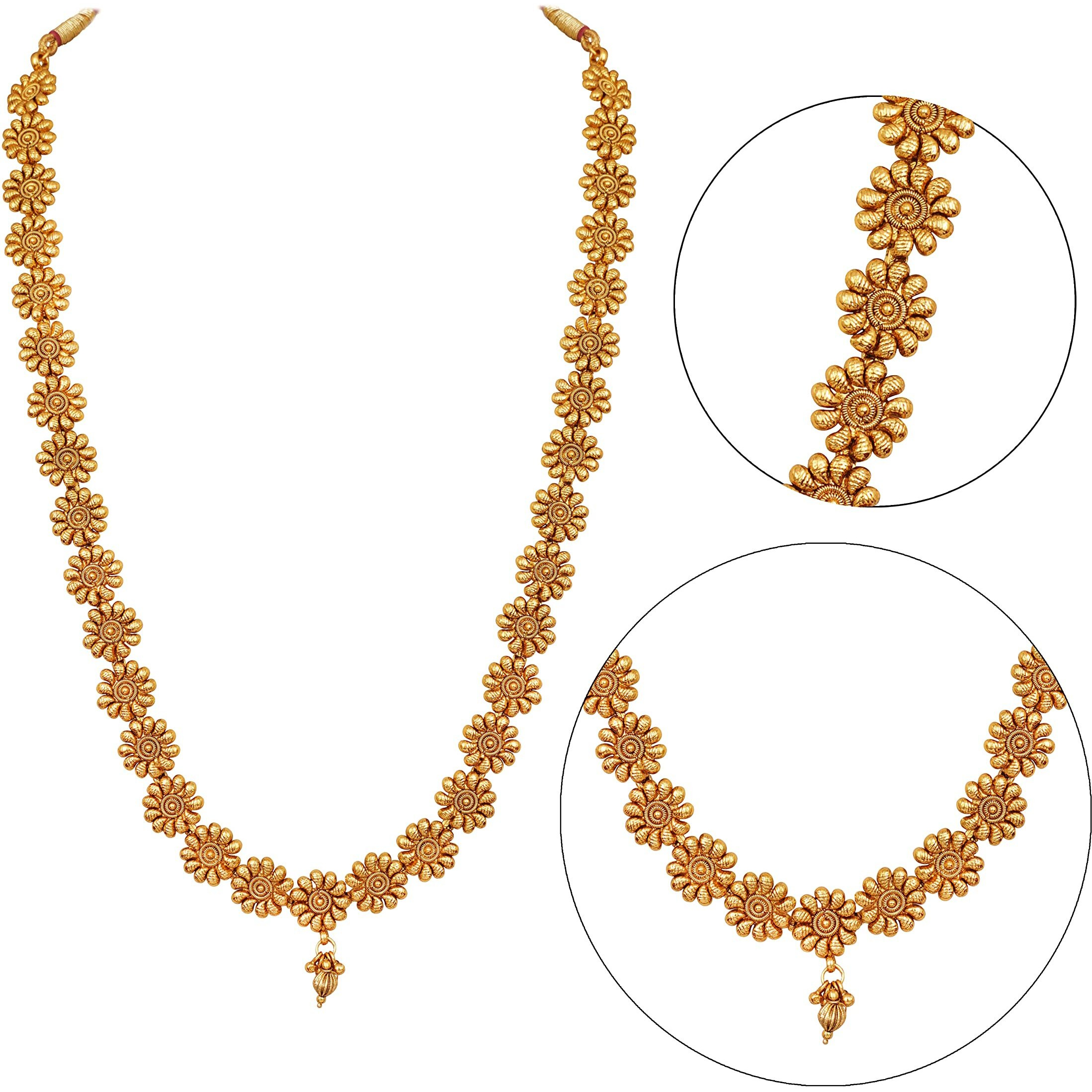 JFL - Jewellery for Less Traditional One Gram Gold Plated Long Haram Temple Jewellery Floral Necklace Set with Jhumka,Valentine