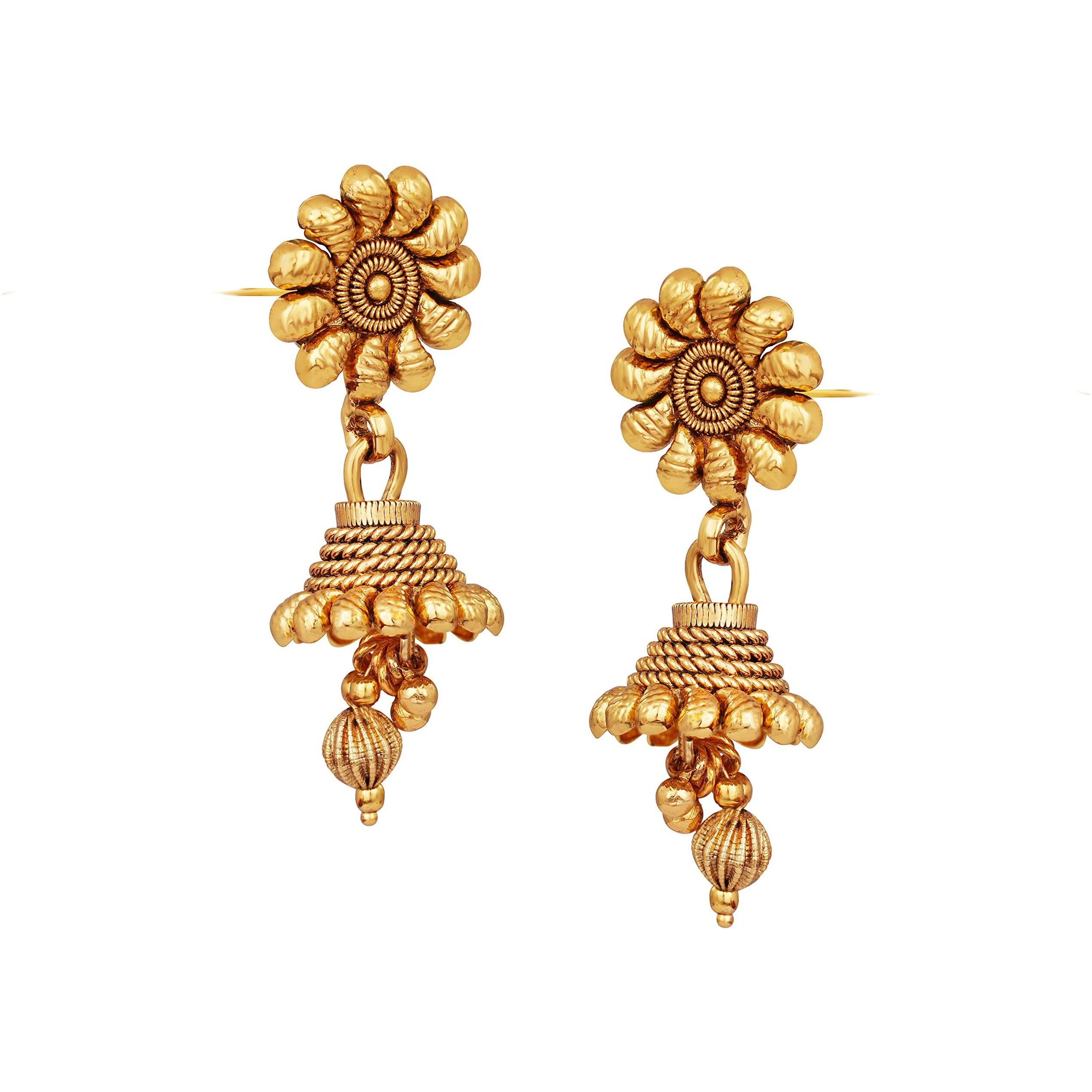 JFL - Jewellery for Less Traditional One Gram Gold Plated Long Haram Temple Jewellery Floral Necklace Set with Jhumka,Valentine
