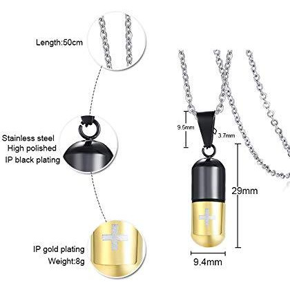 Asma Jewel House Openable Pill Capsule Perfume Bottle Cremation Ash Urn Medical Holder Pendant Necklace Chain For Men/Boys (BlackGold)
