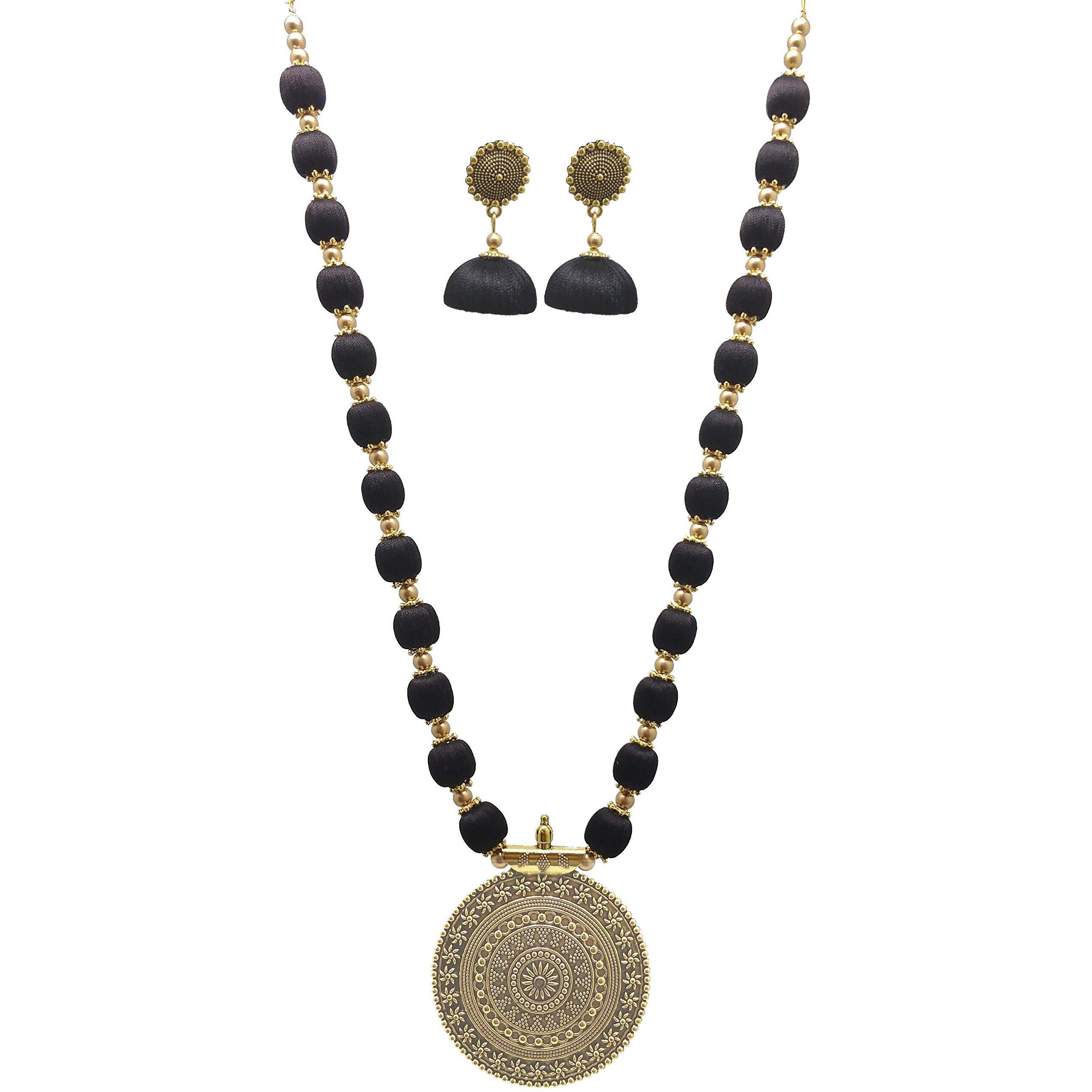 MDS FASHIONS Silk Thread Beads with Antique Chakra Necklace and Earrings set for Beautiful Women (MDS-1046) (Black)