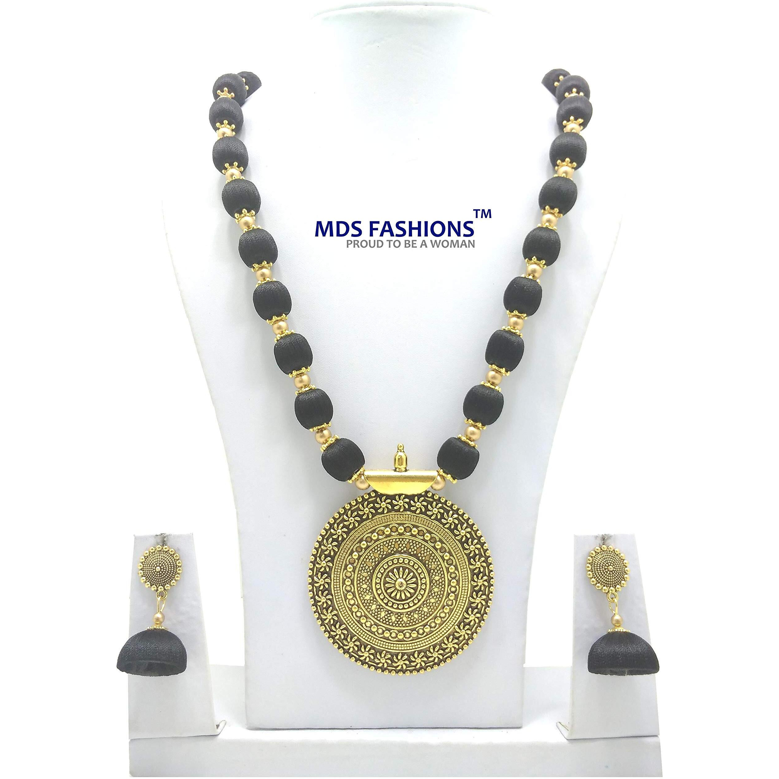 MDS FASHIONS Silk Thread Beads with Antique Chakra Necklace and Earrings set for Beautiful Women (MDS-1046) (Black)