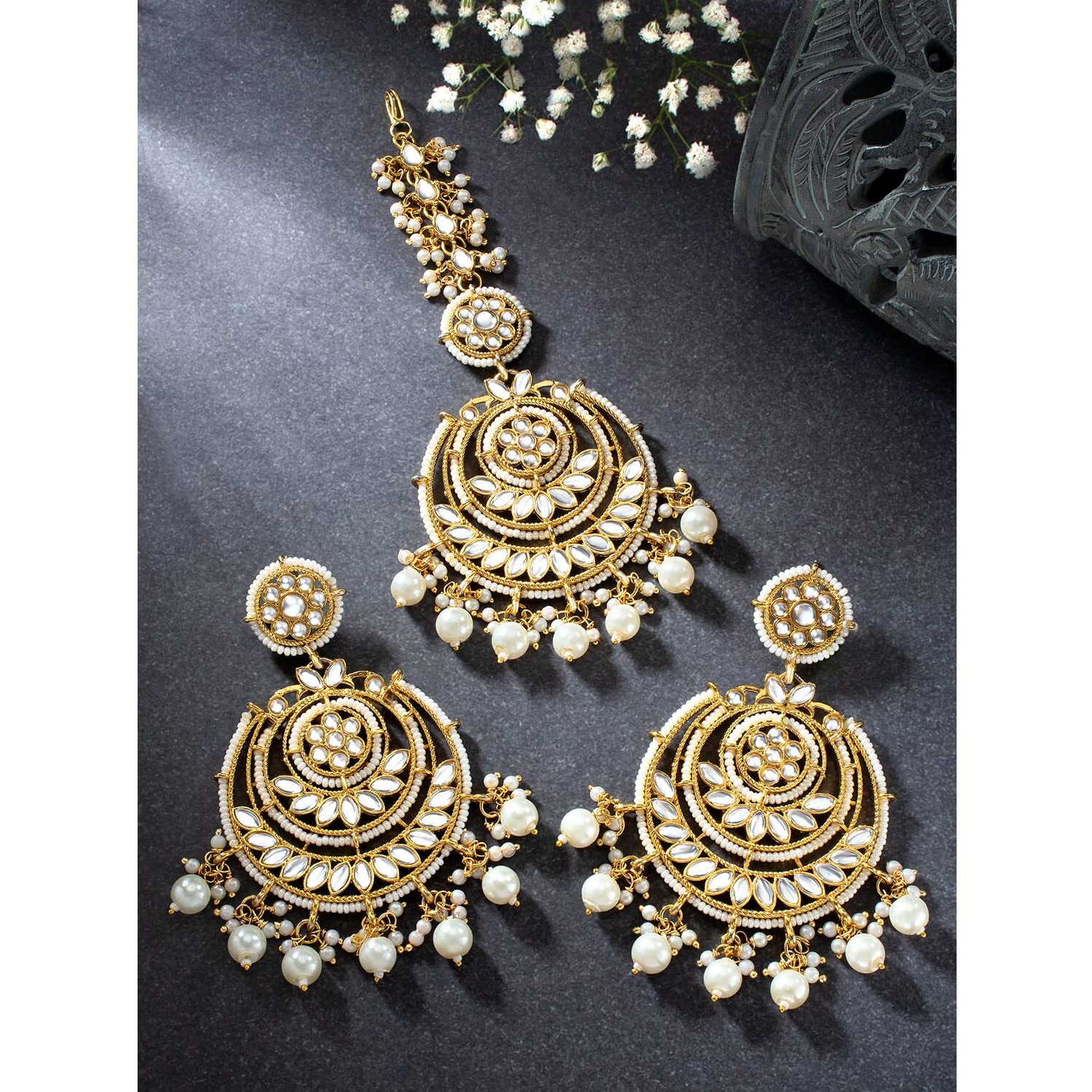 Peora Gold Plated Kundan Studded Chandbali Earrings With Maang Tikka Jewellery Set For Women