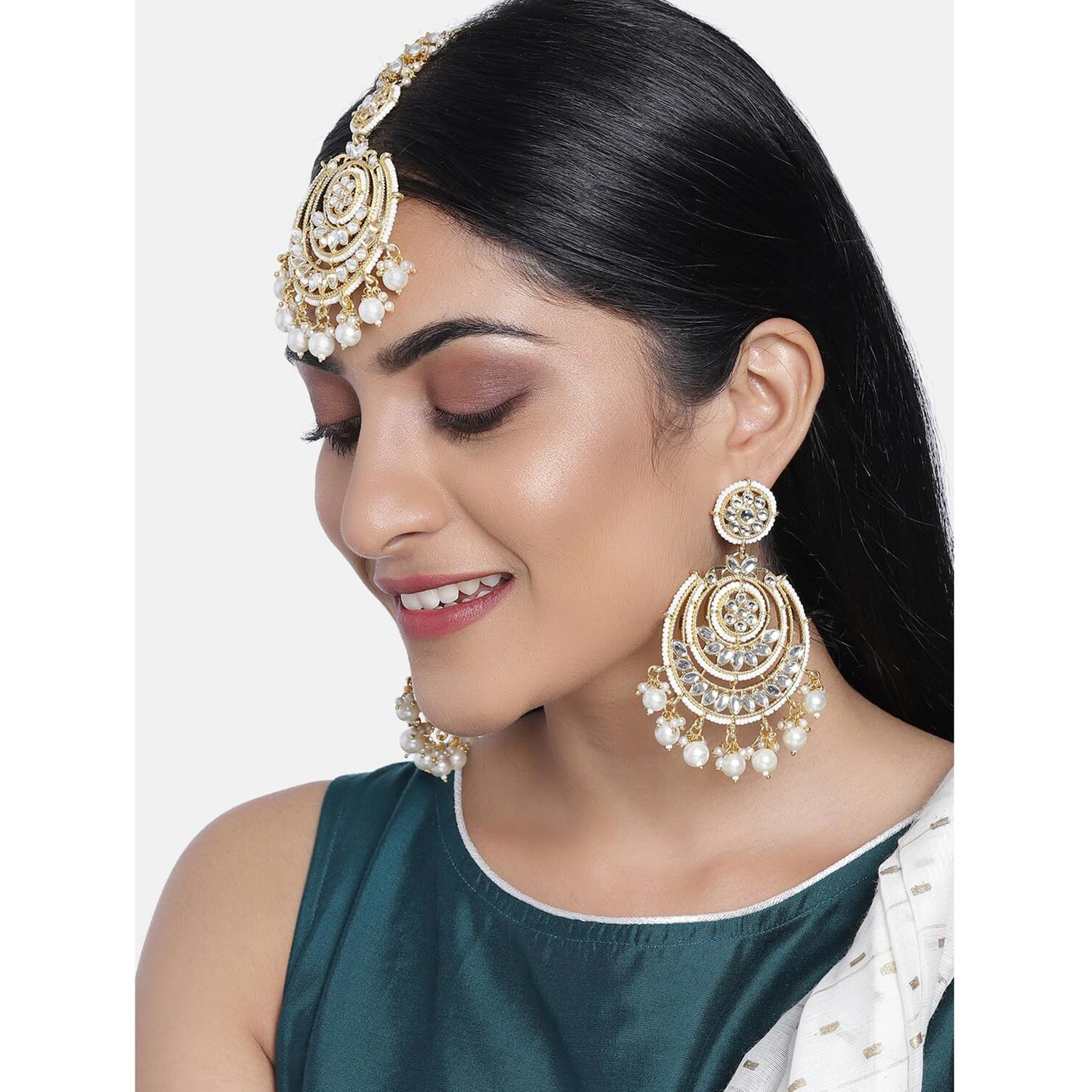 Peora Gold Plated Kundan Studded Chandbali Earrings With Maang Tikka Jewellery Set For Women