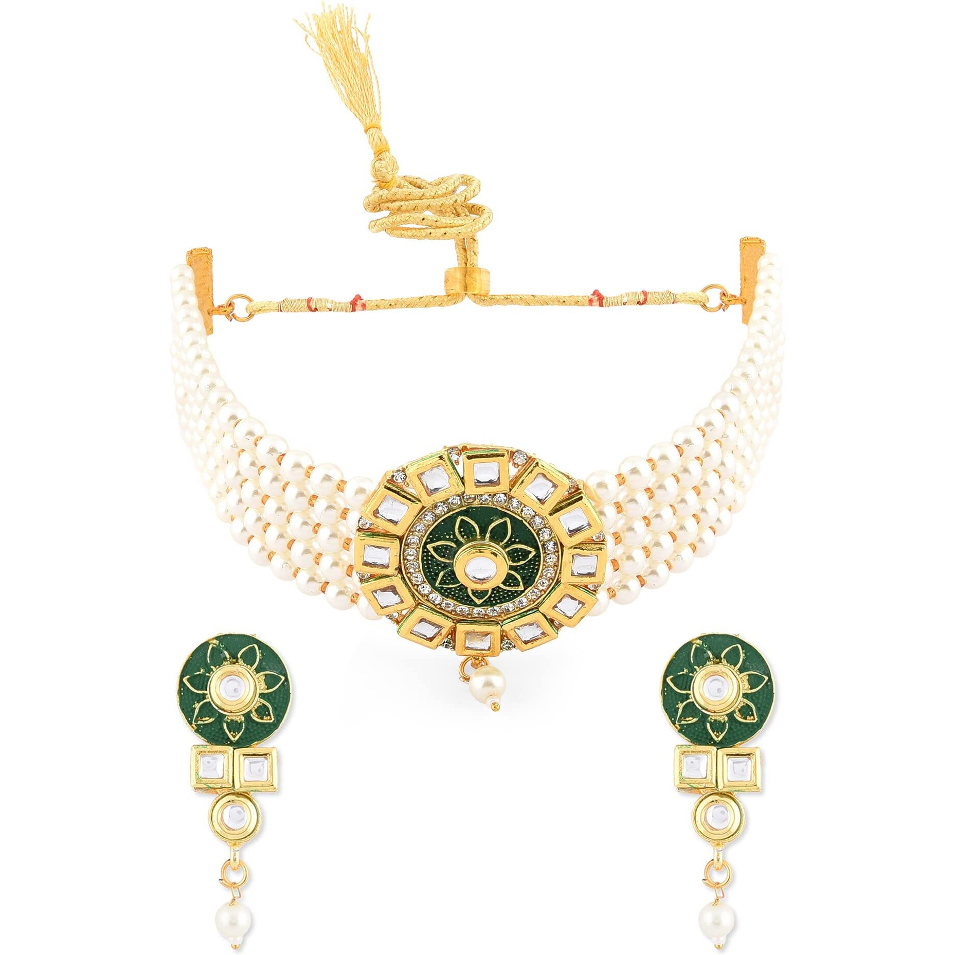 ZAVERI PEARLS Green Meenakari Multistrand Pearls Kundan Choker Necklace & Earring Set For Women-ZPFK11006
