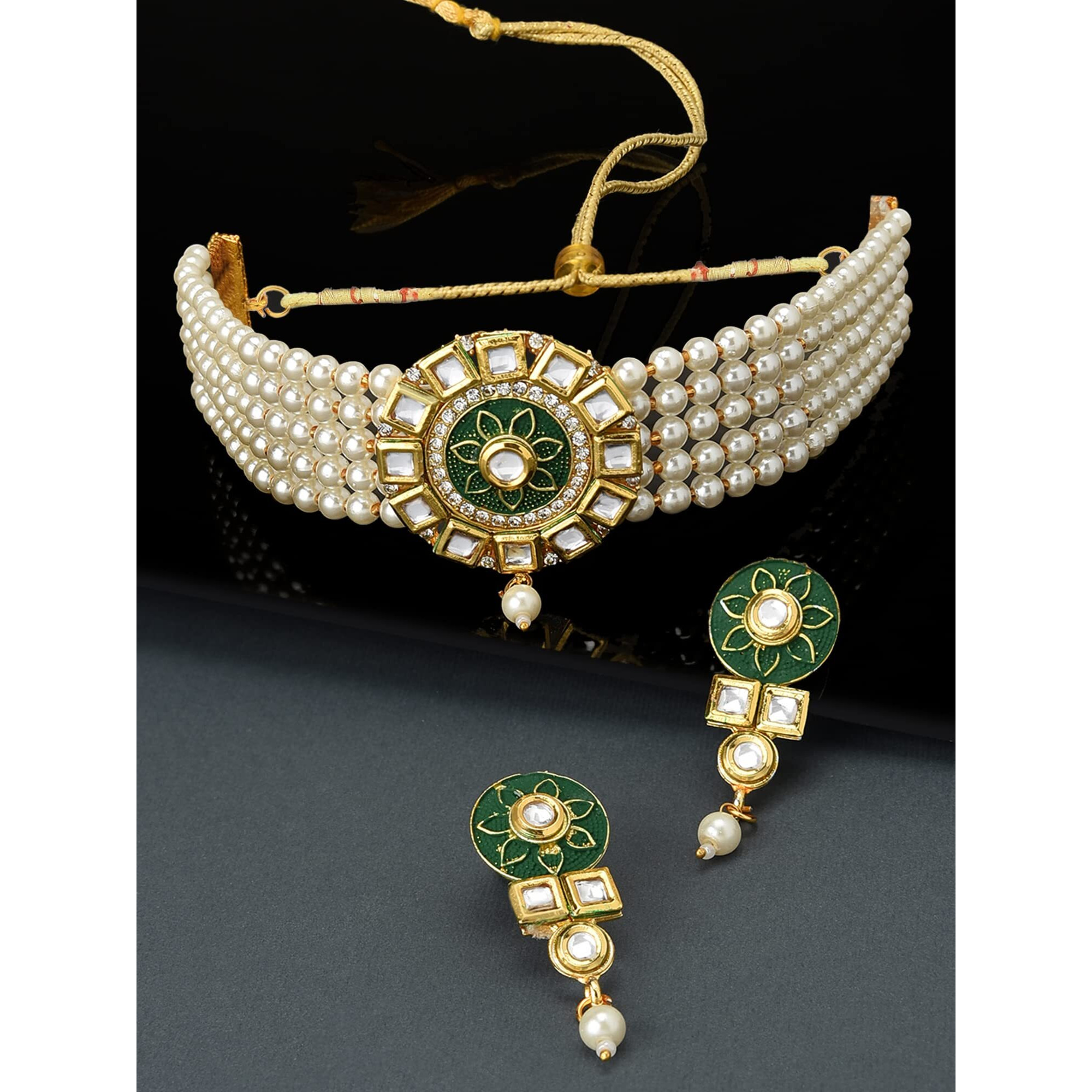 ZAVERI PEARLS Green Meenakari Multistrand Pearls Kundan Choker Necklace & Earring Set For Women-ZPFK11006