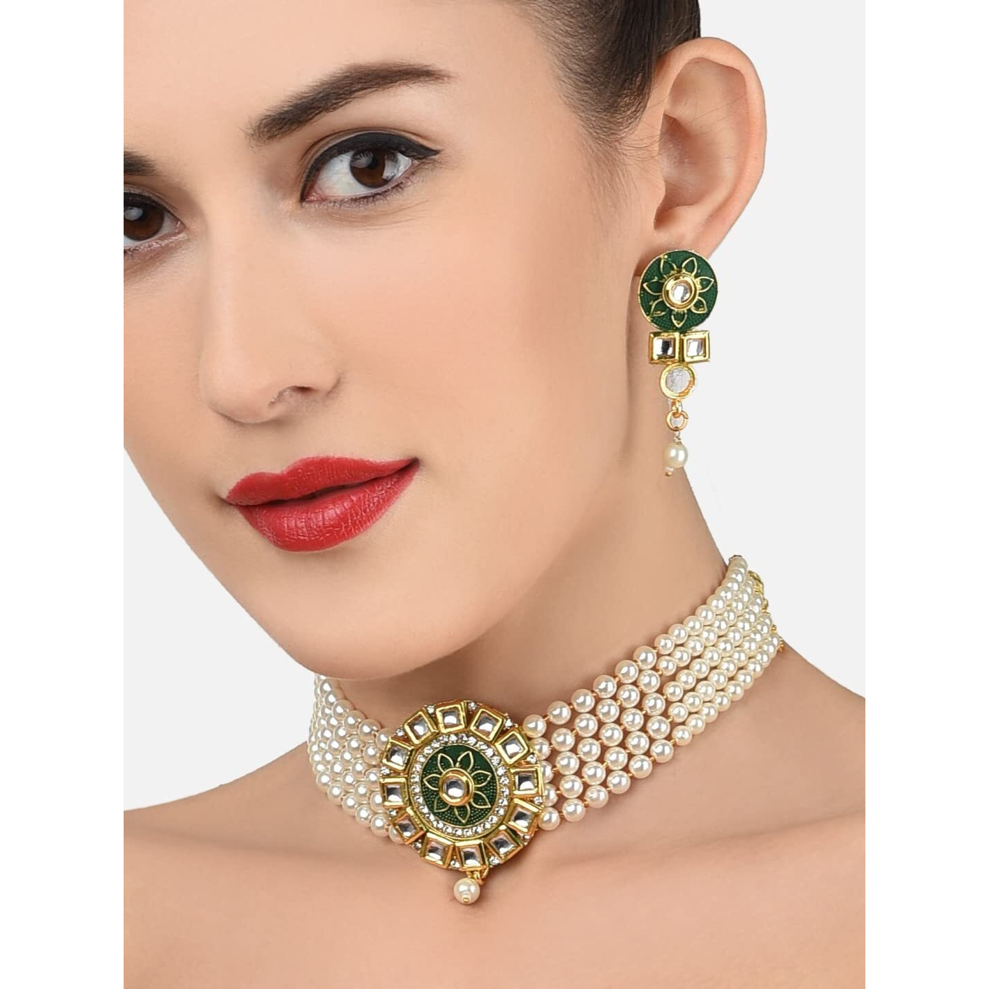 ZAVERI PEARLS Green Meenakari Multistrand Pearls Kundan Choker Necklace & Earring Set For Women-ZPFK11006