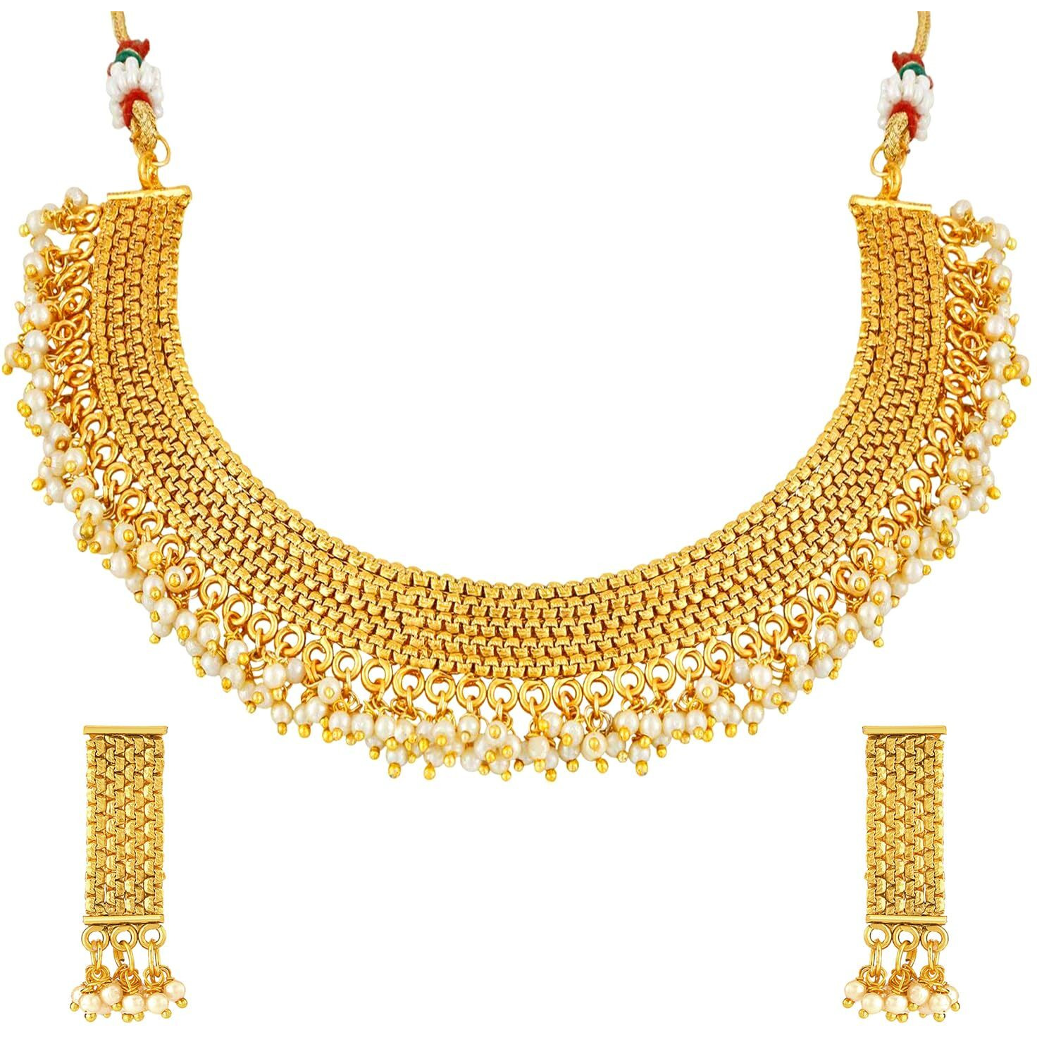 Peora Traditional 18K Gold Plated Baby Pearl Necklace Jewellery Set with Earrings for Women Girls
