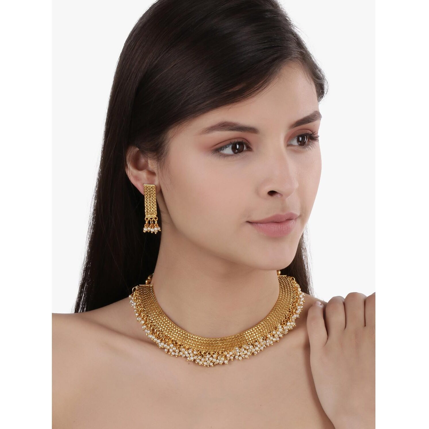 Peora Traditional 18K Gold Plated Baby Pearl Necklace Jewellery Set with Earrings for Women Girls