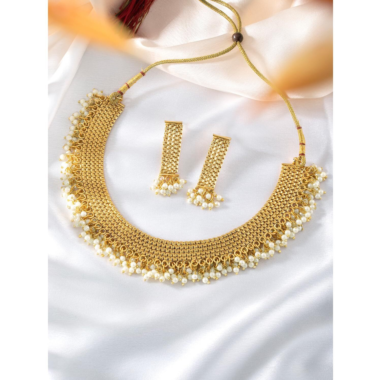 Peora Traditional 18K Gold Plated Baby Pearl Necklace Jewellery Set with Earrings for Women Girls