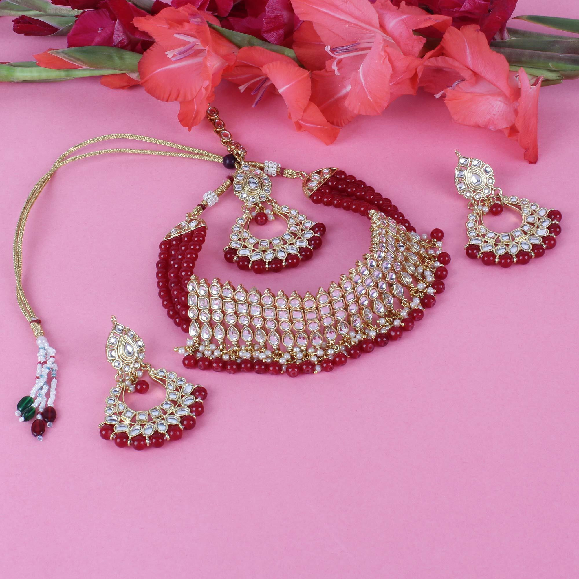 Shining Diva Fashion Latest Kundan Design Choker Necklace Set for Women Bridal Traditional Gold Plated Jewellery Set for Women (Red) (10148s)