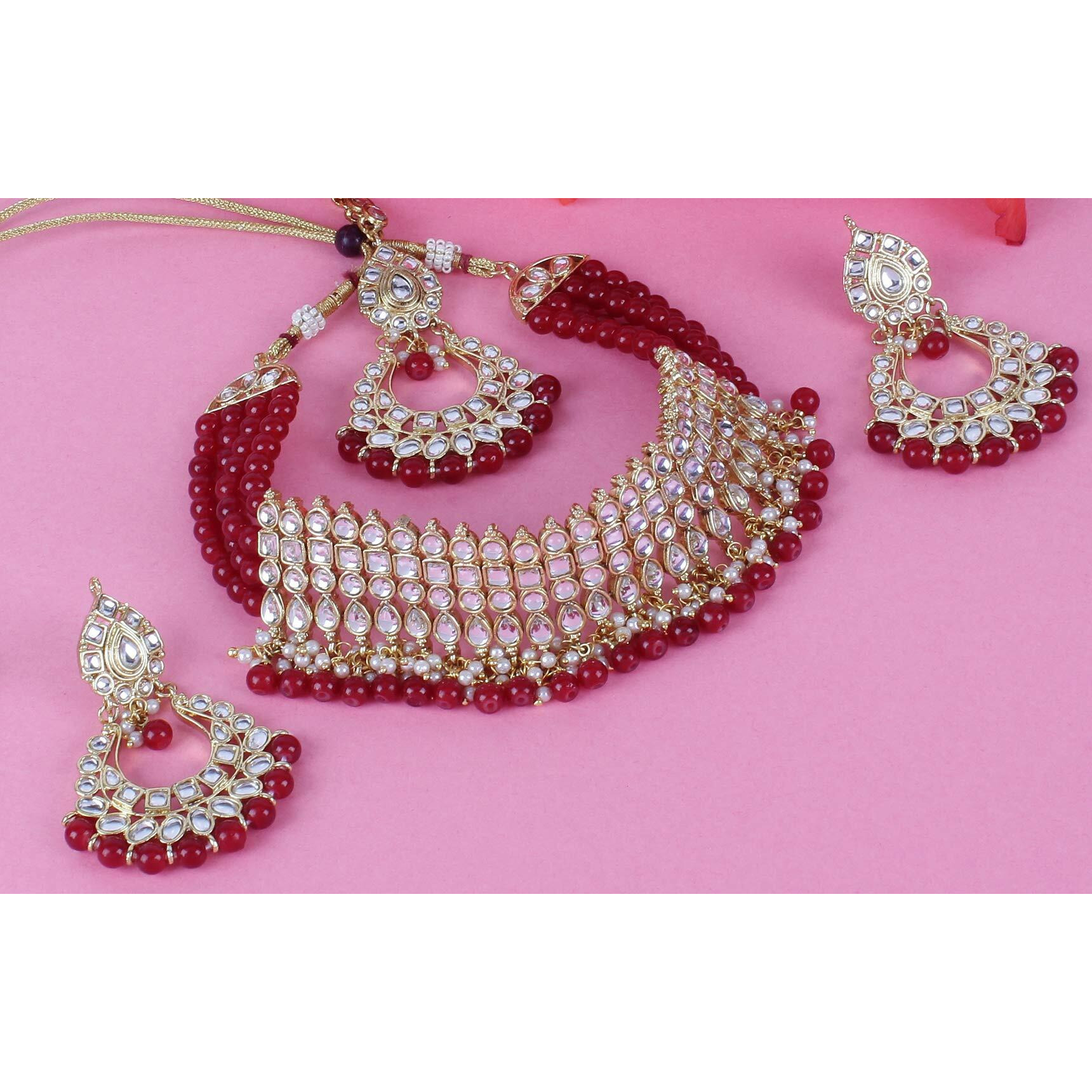 Shining Diva Fashion Latest Kundan Design Choker Necklace Set for Women Bridal Traditional Gold Plated Jewellery Set for Women (Red) (10148s)