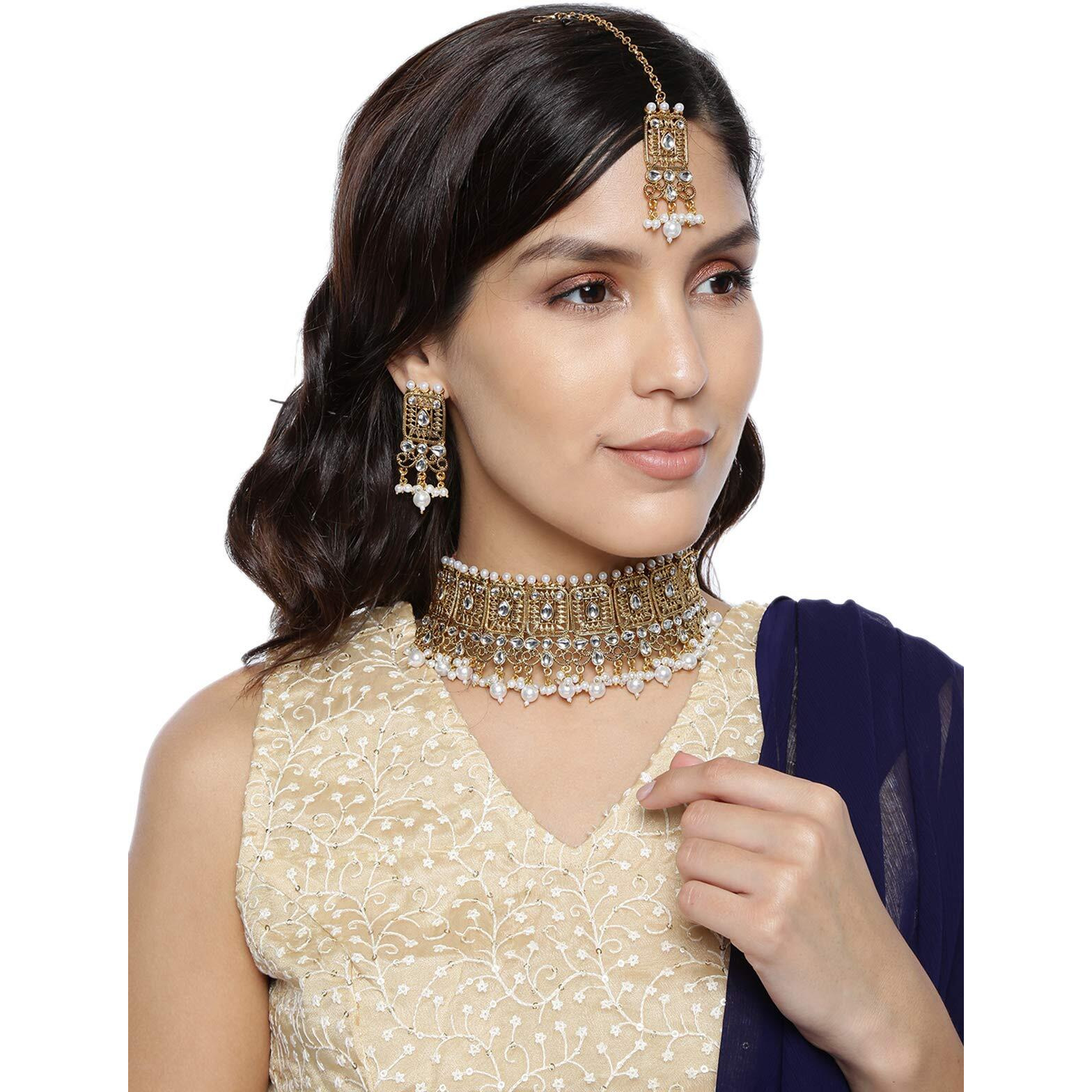 ZAVERI PEARLS Antique Gold Tone Kundan And Pearls Choker Necklace Set For Women-ZPFK8965