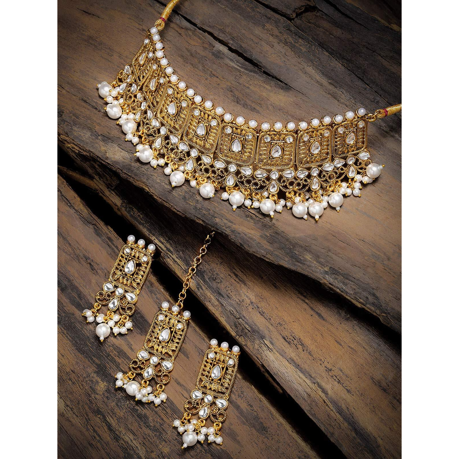 ZAVERI PEARLS Antique Gold Tone Kundan And Pearls Choker Necklace Set For Women-ZPFK8965