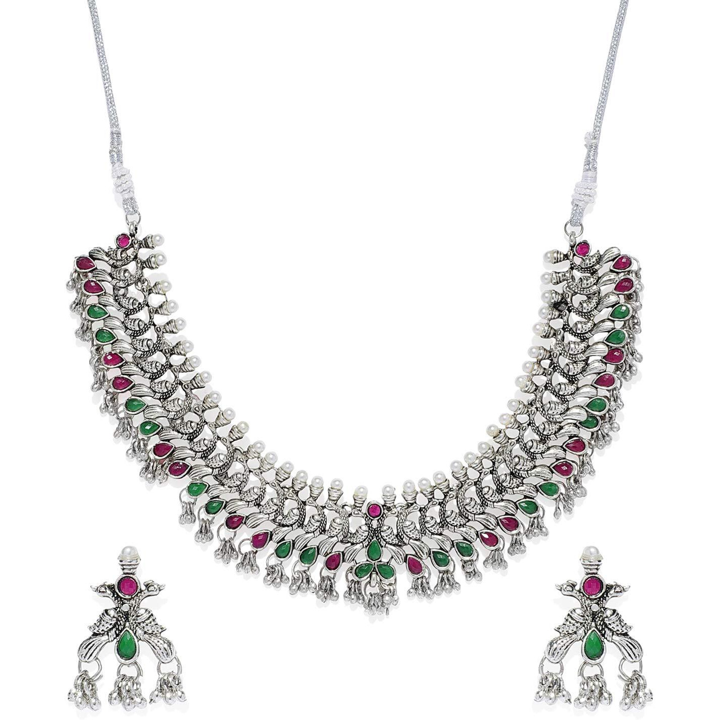 ZAVERI PEARLS Antique Silver Peacock Inspired Necklace Set For Women-ZPFK7563