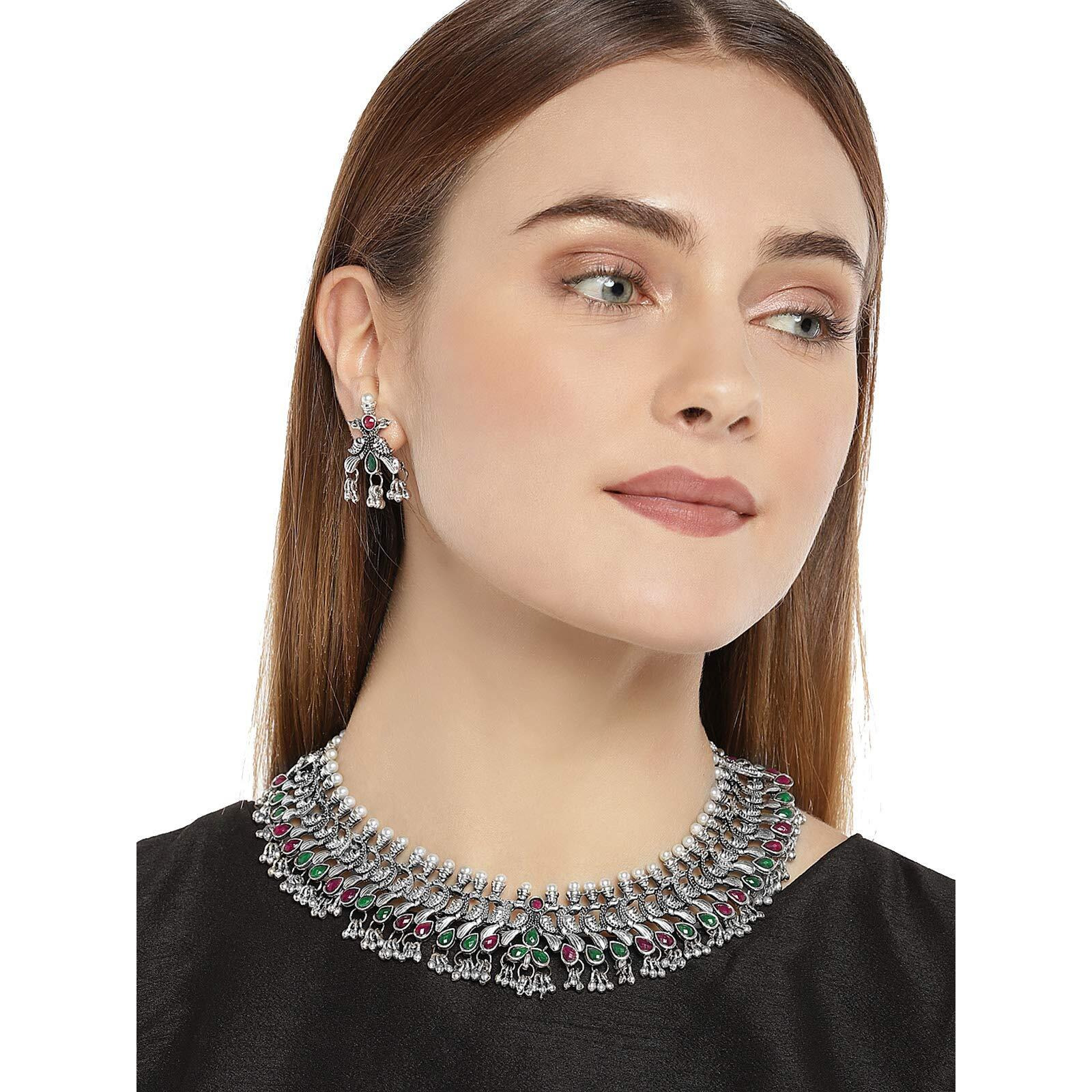 ZAVERI PEARLS Antique Silver Peacock Inspired Necklace Set For Women-ZPFK7563