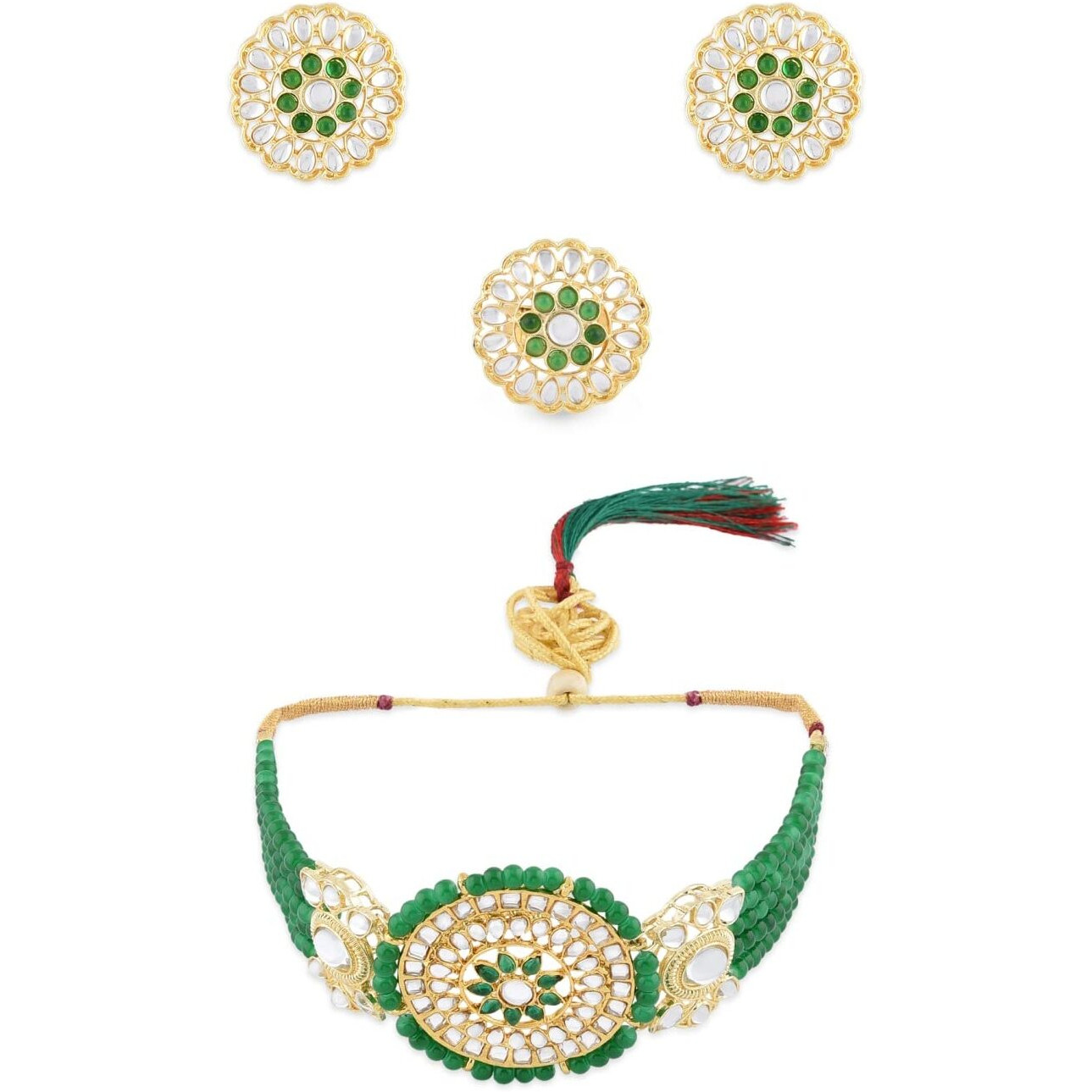 ZAVERI PEARLS Green Multistrand Beaded Kundan Choker Necklace Earring & Ring Set For Women-ZPFK11479