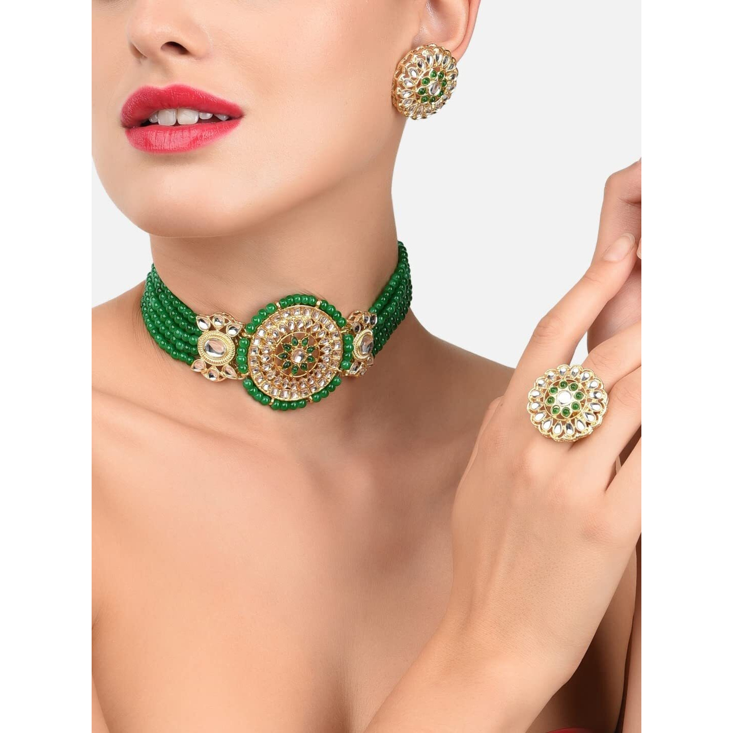 ZAVERI PEARLS Green Multistrand Beaded Kundan Choker Necklace Earring & Ring Set For Women-ZPFK11479