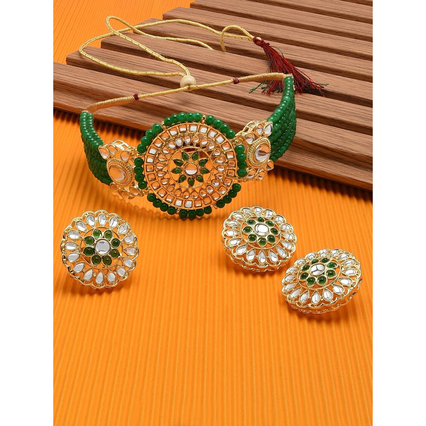 ZAVERI PEARLS Green Multistrand Beaded Kundan Choker Necklace Earring & Ring Set For Women-ZPFK11479