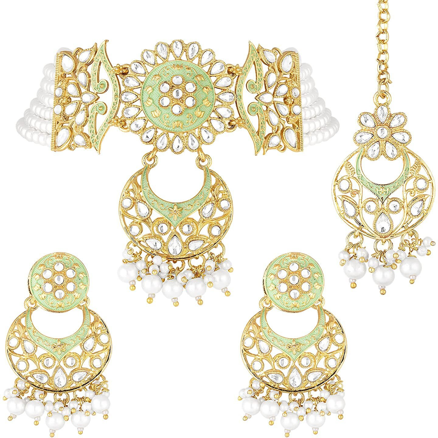 I Jewels 18K Gold Plated Traditional Kundan Studded Pearl Choker Necklace Jewellery Set For Women (ML291Min)