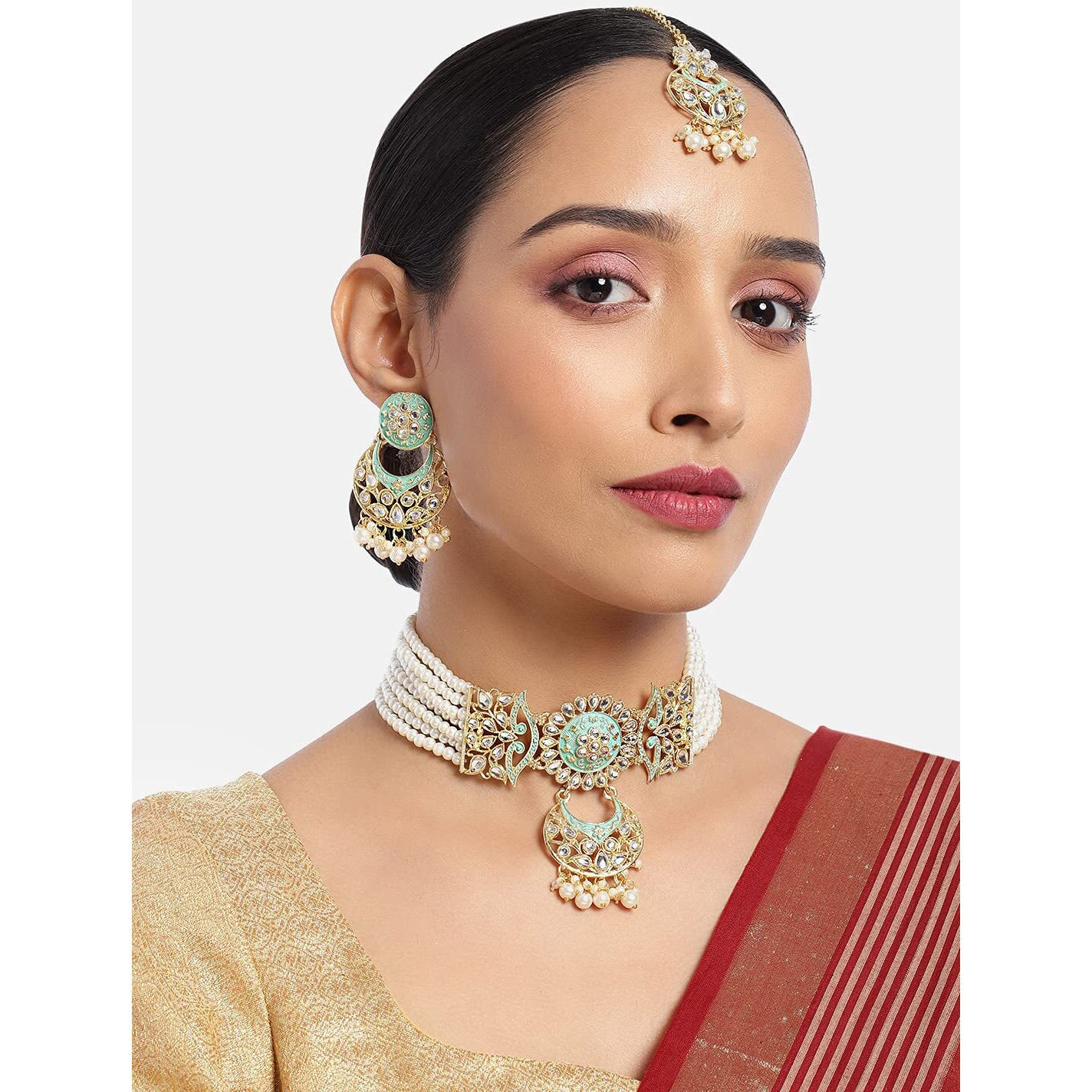 I Jewels 18K Gold Plated Traditional Kundan Studded Pearl Choker Necklace Jewellery Set For Women (ML291Min)