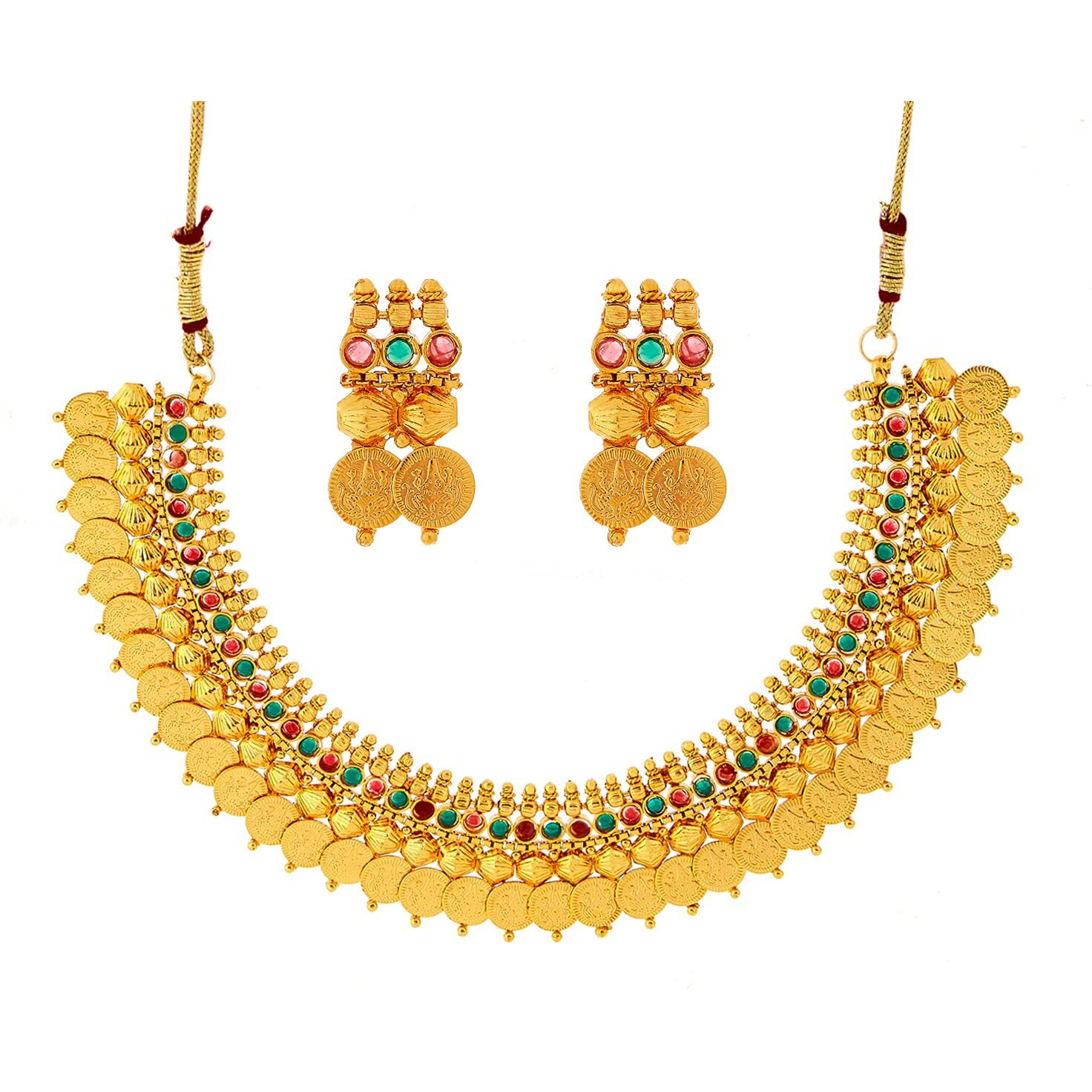 ZENEME Jewellery Set Gold Plated Temple Coin Traditional Maa Lakshmi Necklace Set With Earring Jewellery For Women & Girls (Pearl)