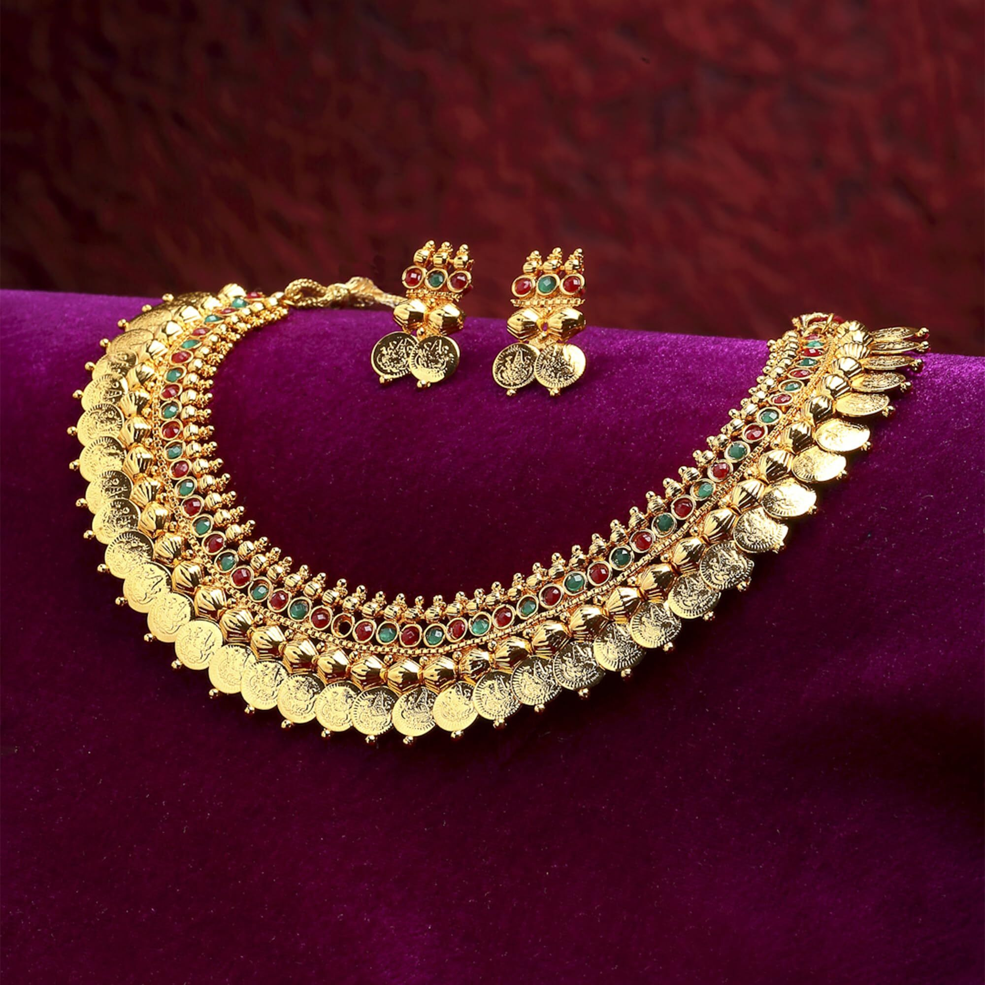 ZENEME Jewellery Set Gold Plated Temple Coin Traditional Maa Lakshmi Necklace Set With Earring Jewellery For Women & Girls (Pearl)